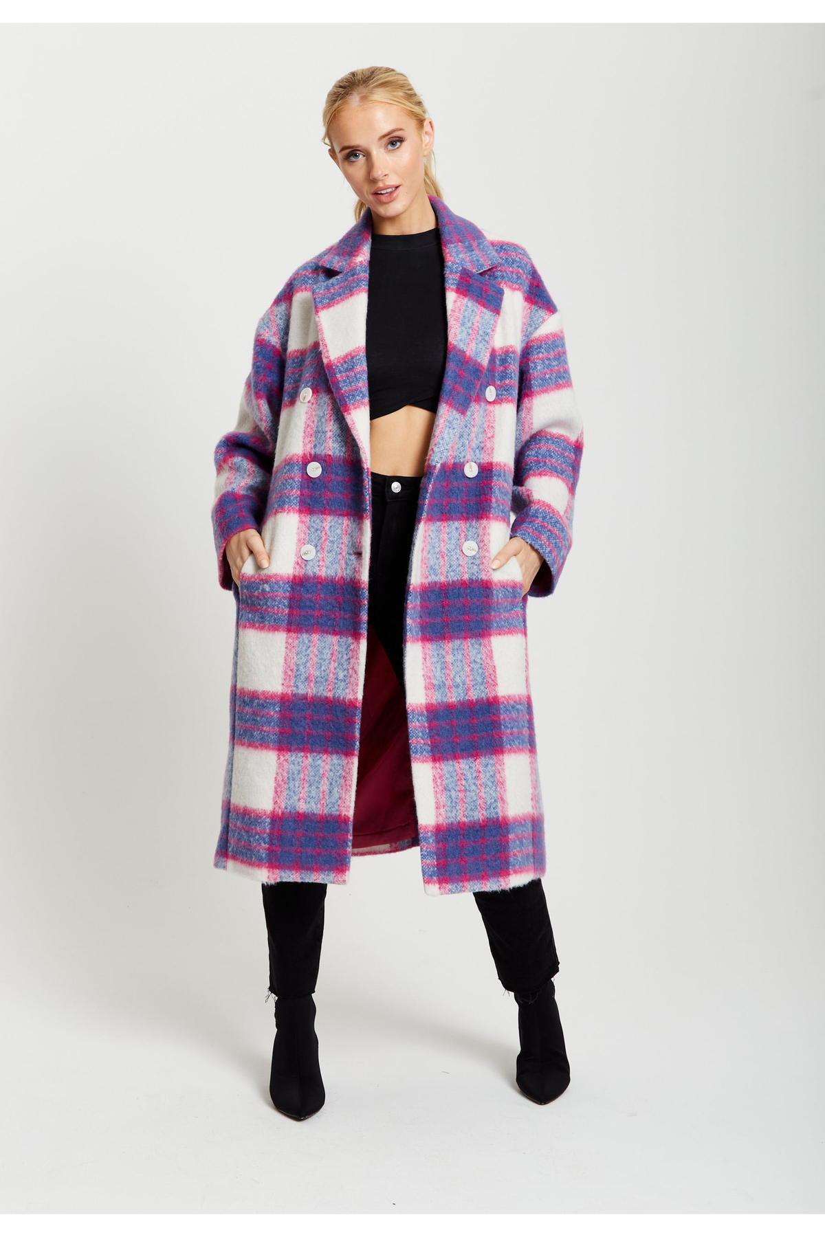 Longline Coat In Pink And Navy Checks F3-171-LIQ22AW048