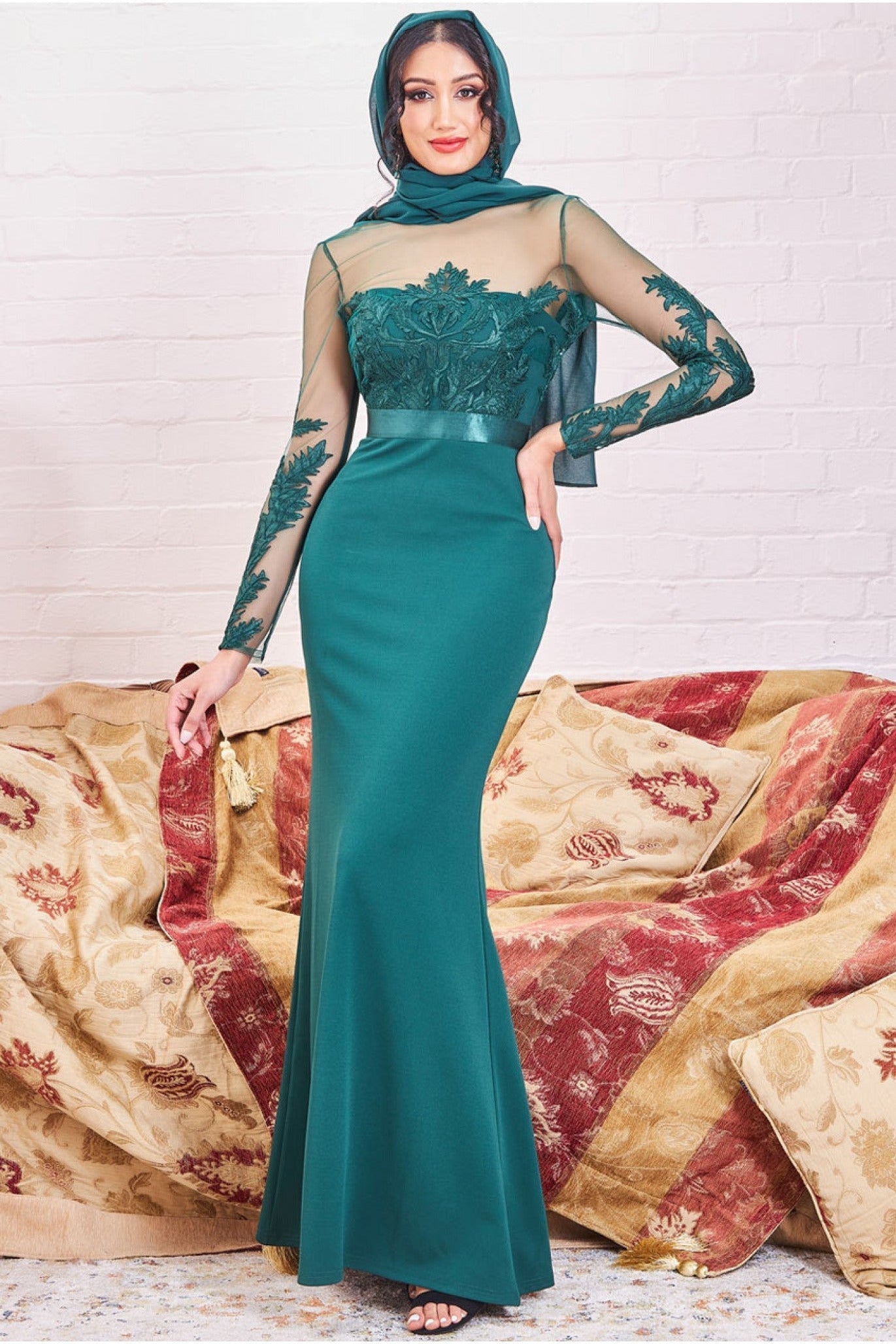 Modesty Mesh & Scuba Maxi Dress - Emerald Green DR3291MOD