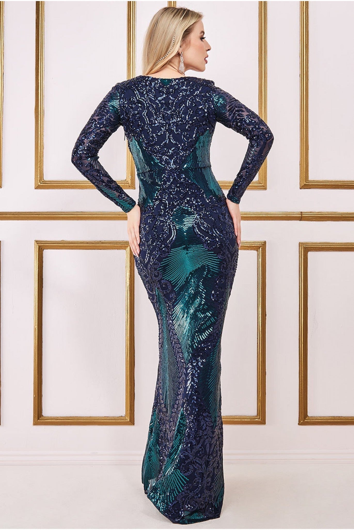 Contrast Sequin Long Sleeve Maxi Dress - Emerald DR3475