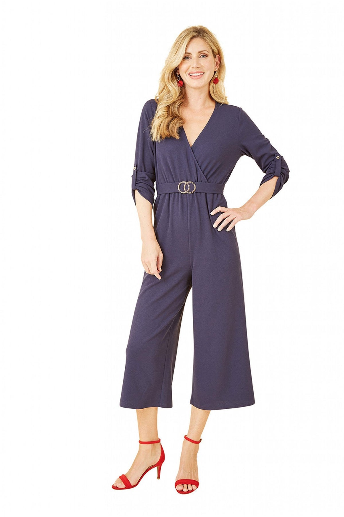 Navy Wrap Over Stretch Jumpsuit With Gold Belt ML7299027