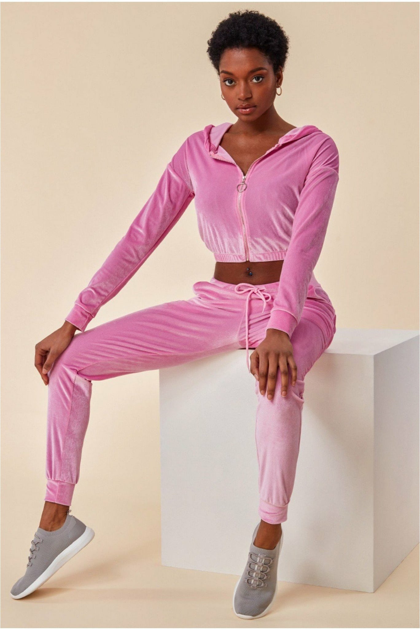 Cuffed Ankle Velour Tracksuit - Pink TS10