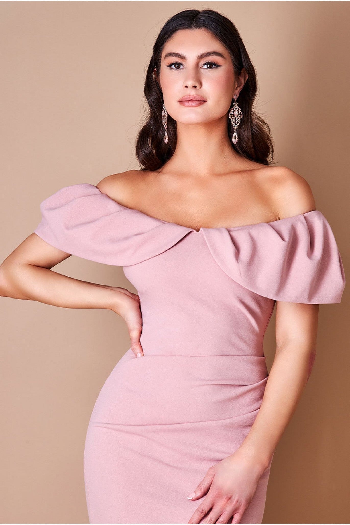 Scuba Crepe Pleated Bardot Midi - Blush DR3980