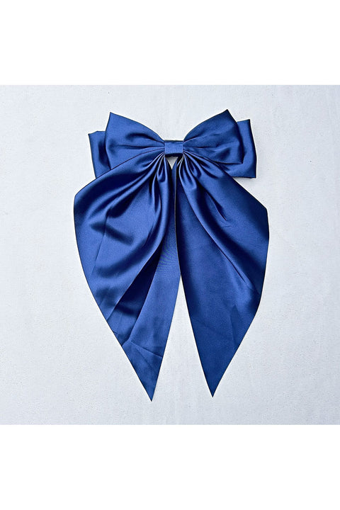 Navy Satin Hair Bow Navy Hair Clip Long Bow by Queenmee Hair Accessories