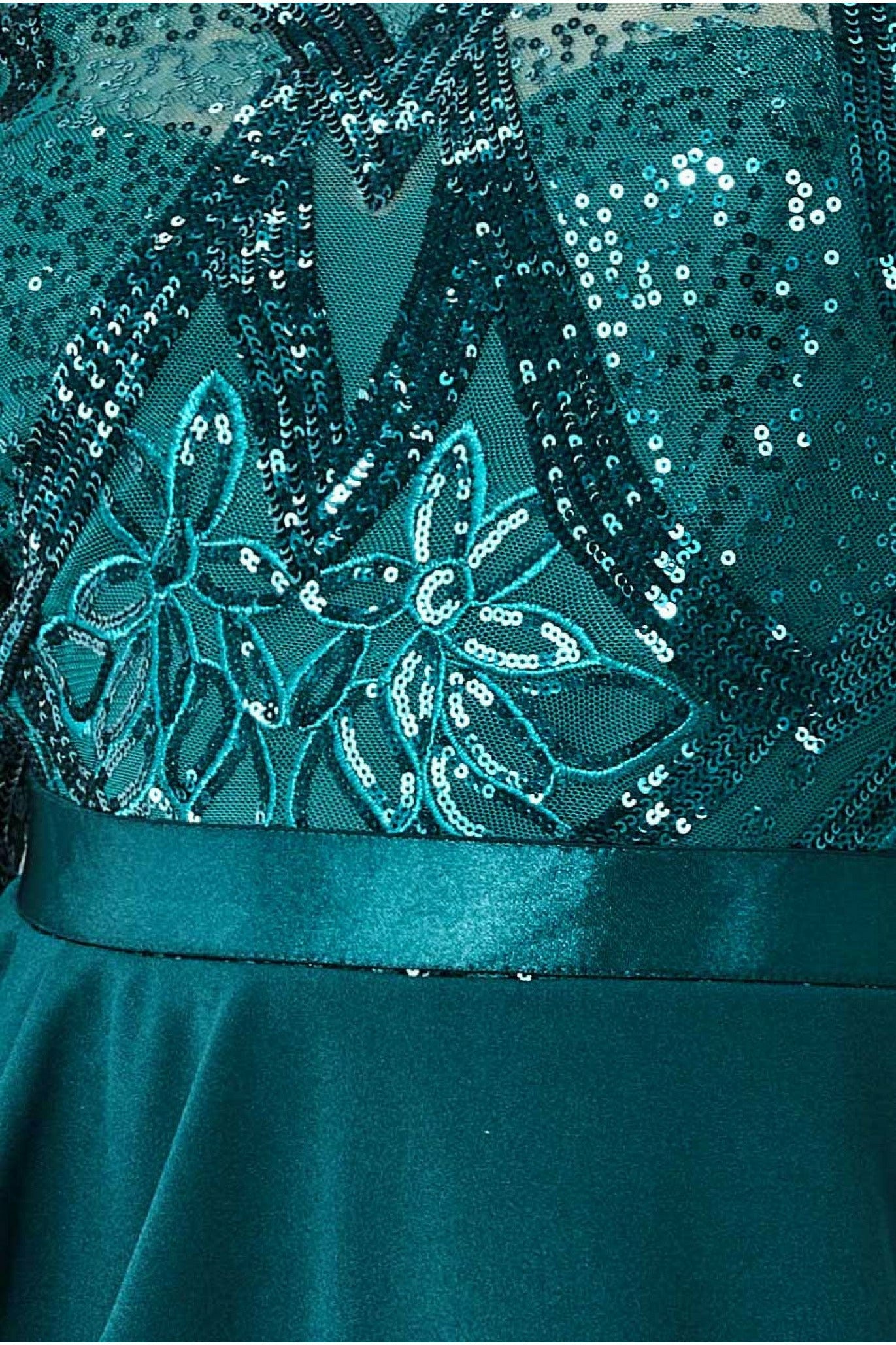 Sequin Bodice With Front Frill Maxi - Emerald DR3232