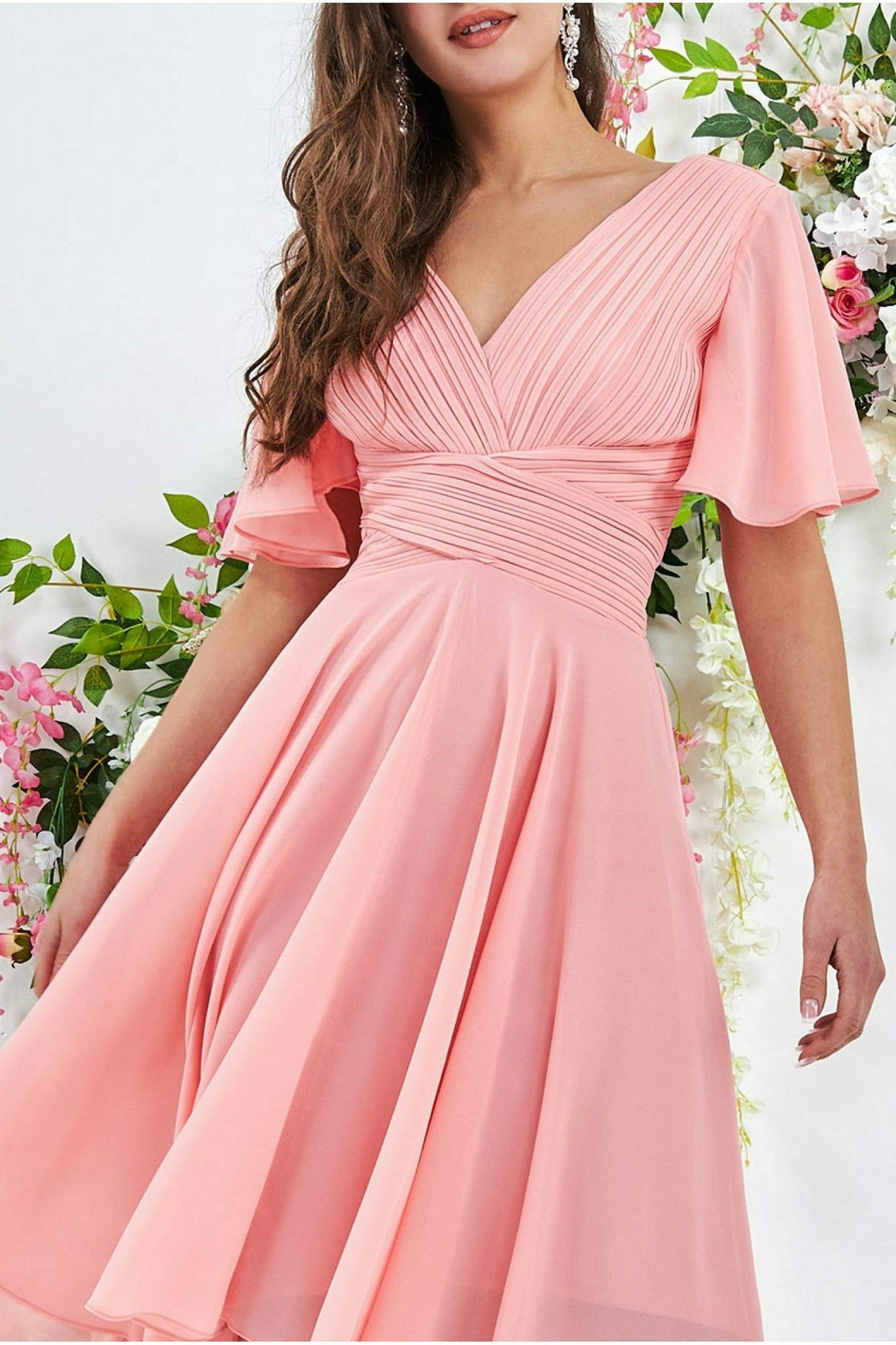 Pleated Chiffon High Low Midi Dress - Peach DR3305