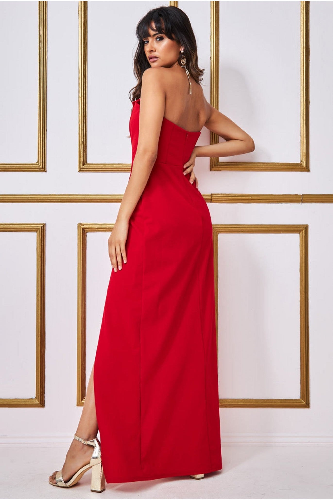 Satin & Scuba Maxi With Thigh Split - Red DR3660