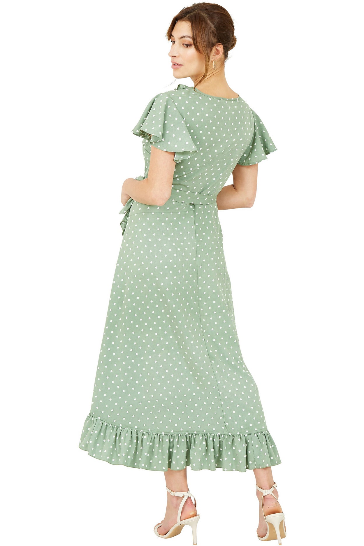 Green Polkadot Frill Wrap Dress YM3264
