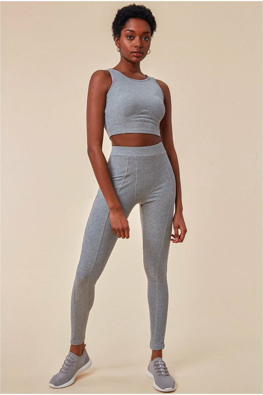 High Neck Crop Top With Leggings Lounge Set - Grey TS7