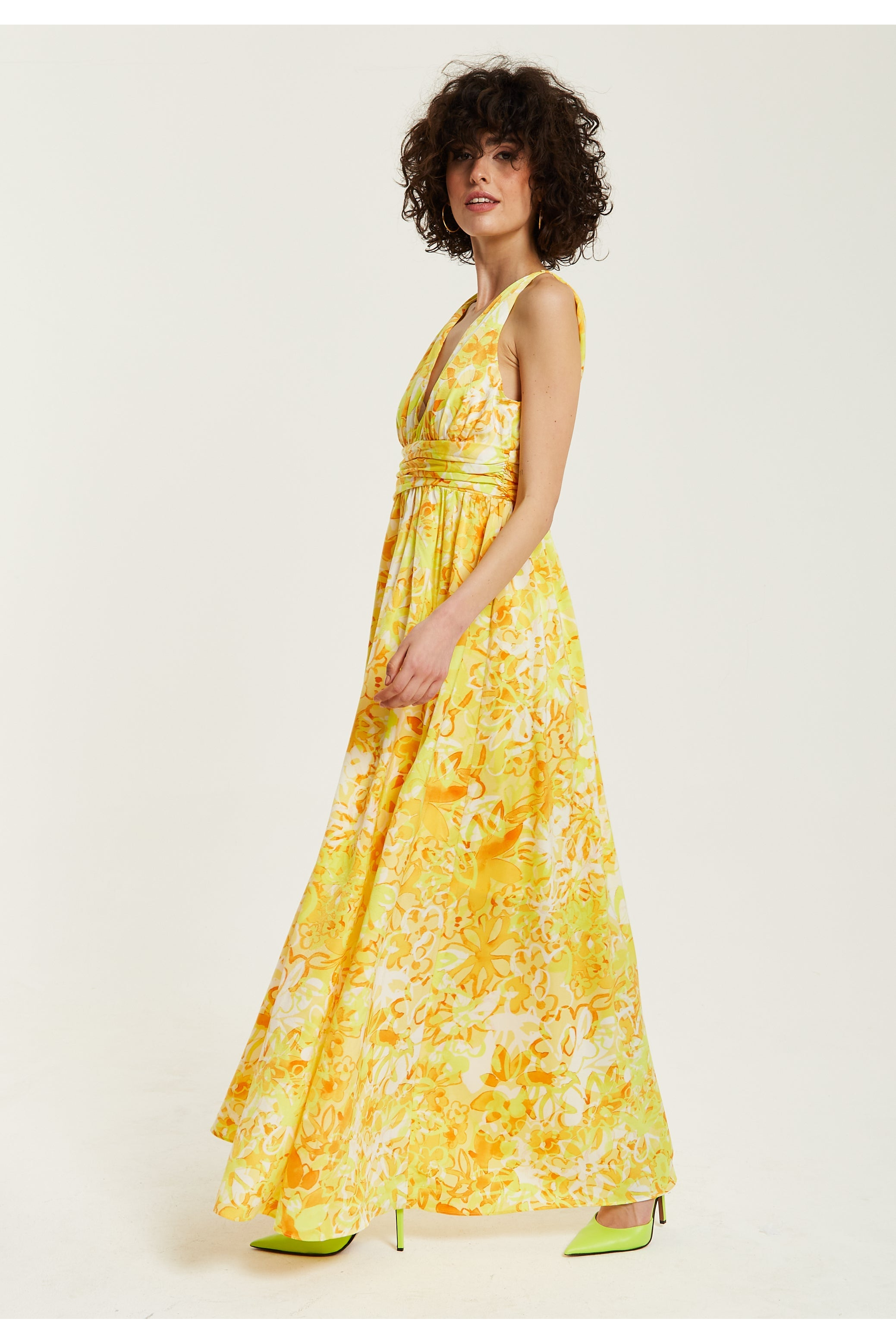 Yellow And Orange Floral Print V-neck Maxi Dress F9-256-LIQ23SS096