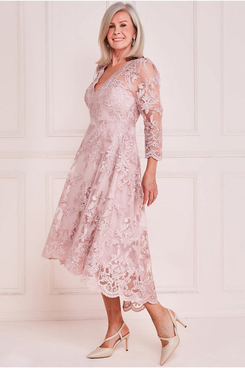 Scalloped Dipped Hem Lace Midi - Blush DR3347M