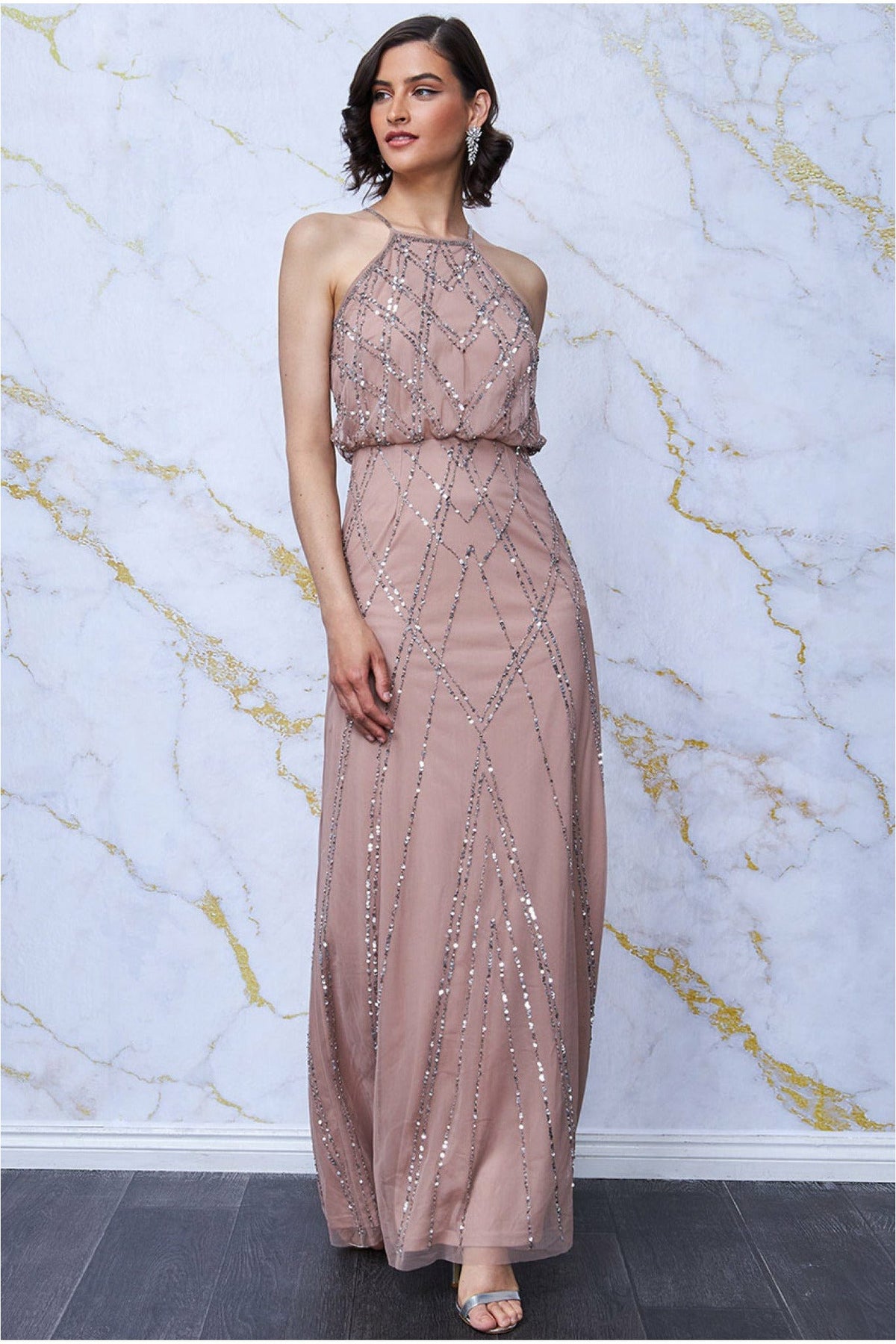 Art Deco Sequin Evening Blouson Dress - Mocha DR2889