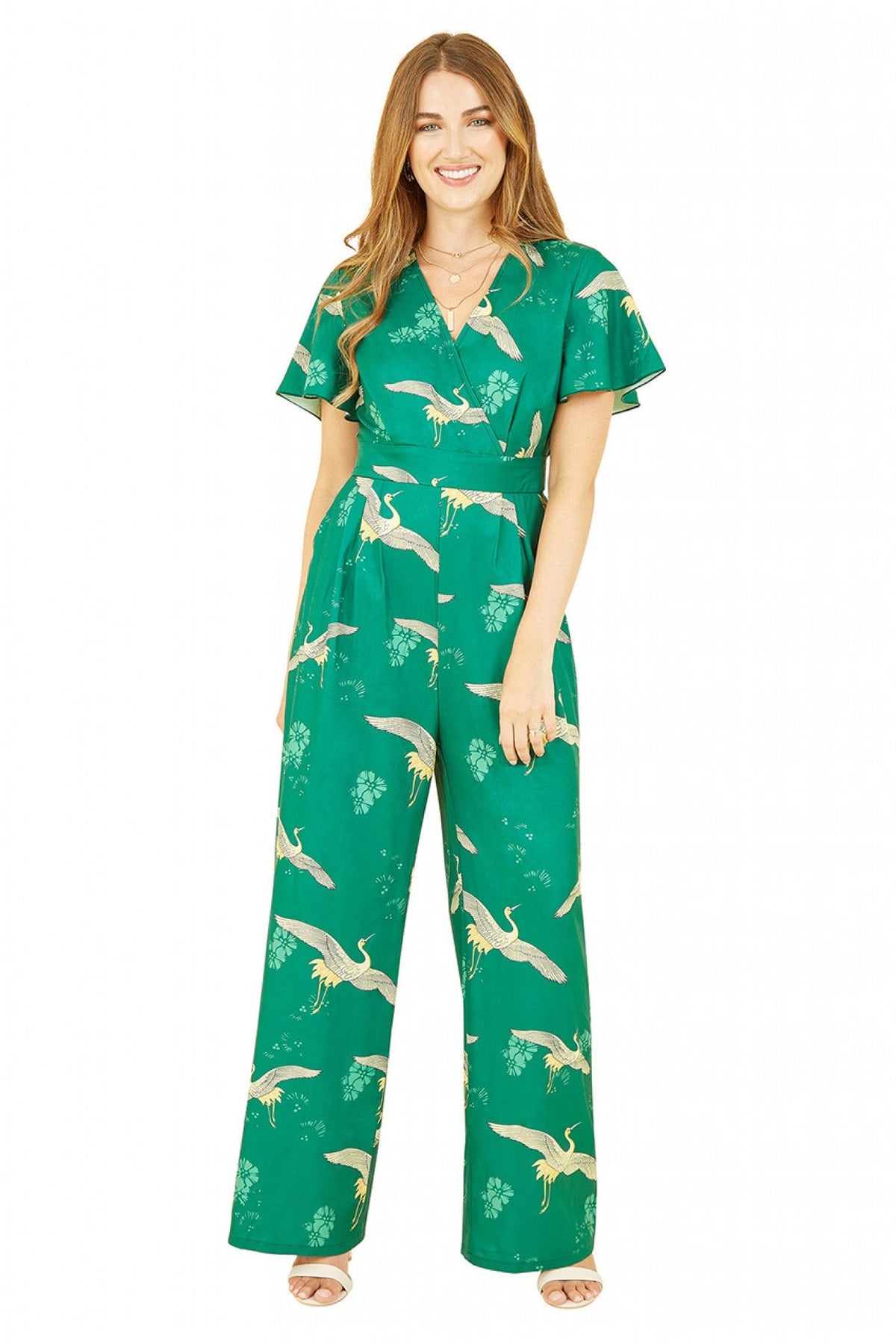 Green Crane Print Angel Sleeve Jumpsuit YM2584A009