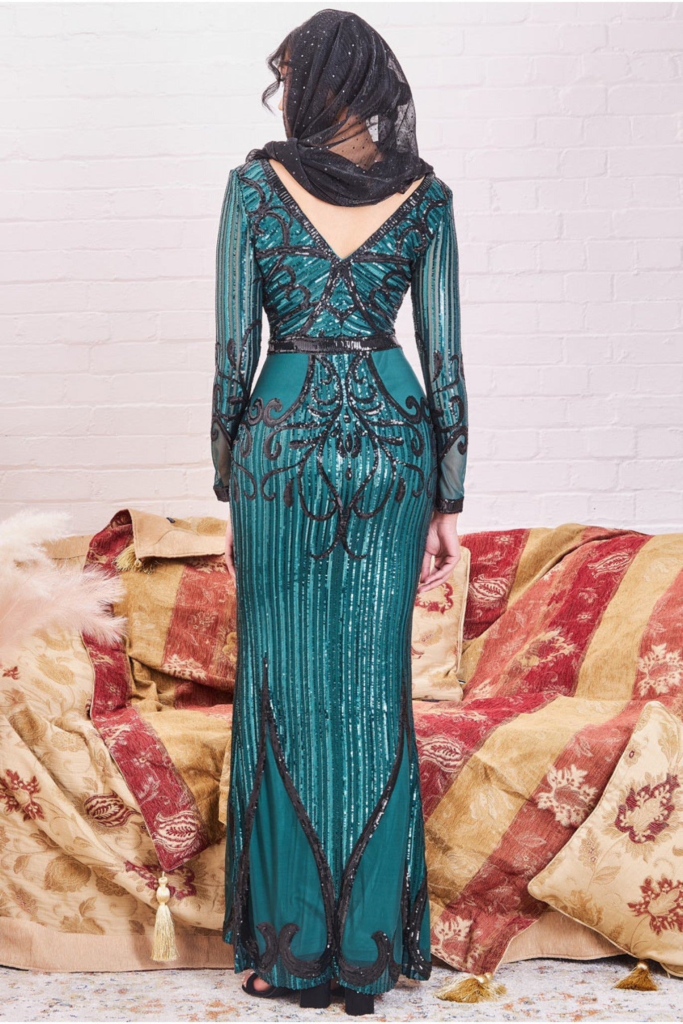 Modesty Sequin & Mesh Maxi Dress - Emerald DR3235MOD