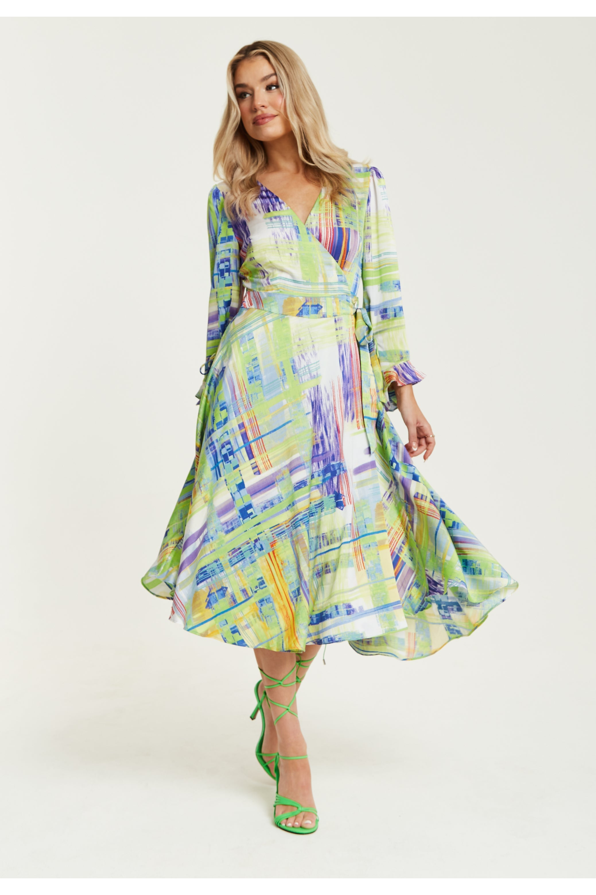 Abstract Print Midi Wrap Dress In Green A6-120-LIQ22SS018