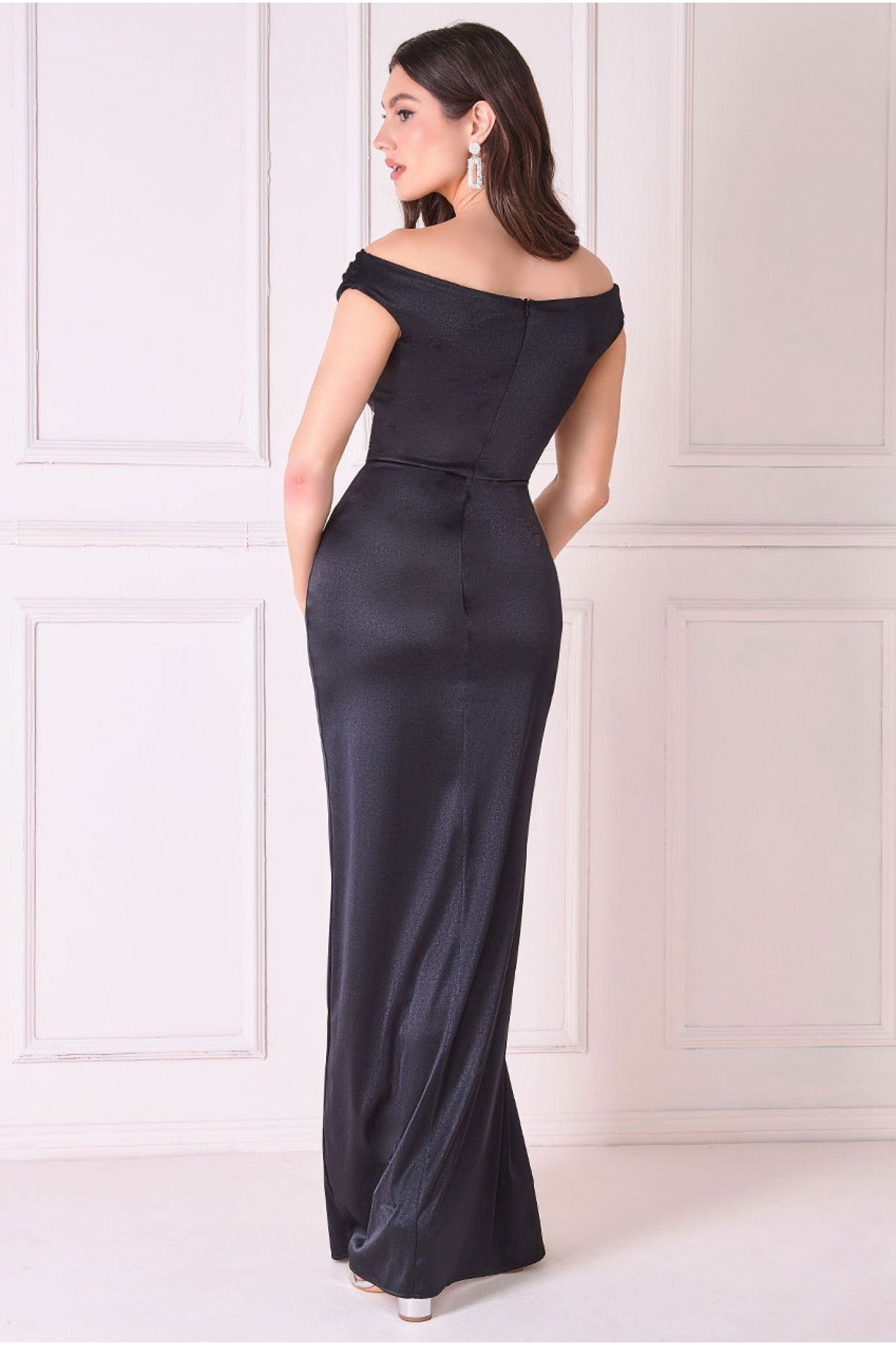 Cowl Bardot Satin Twill Maxi Dress - Black DR4010