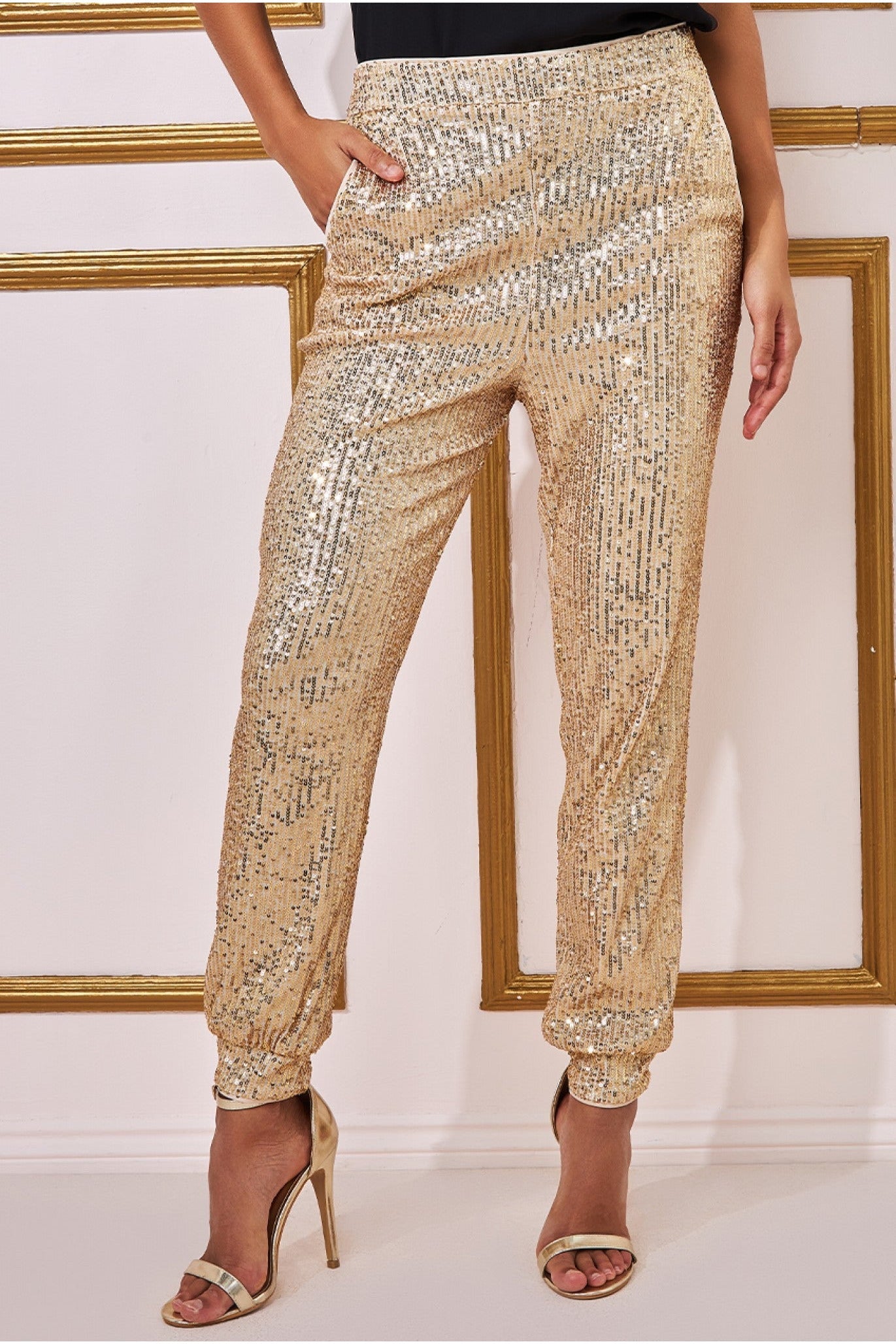 Sequin Cuffed Ankle Trouser - Gold TR360
