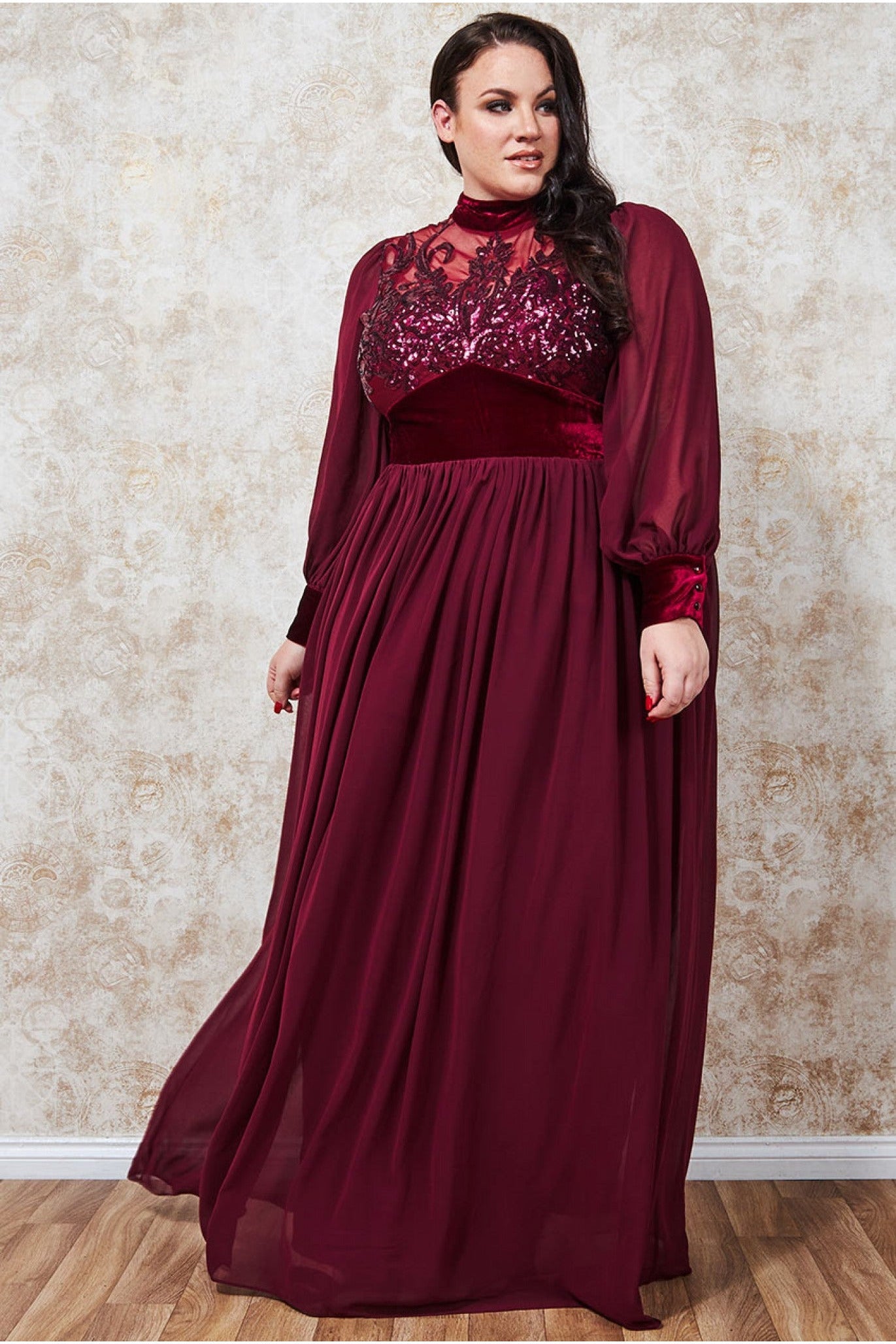 Plus Velvet Band Sequin Bodice Maxi - Wine DR3241P