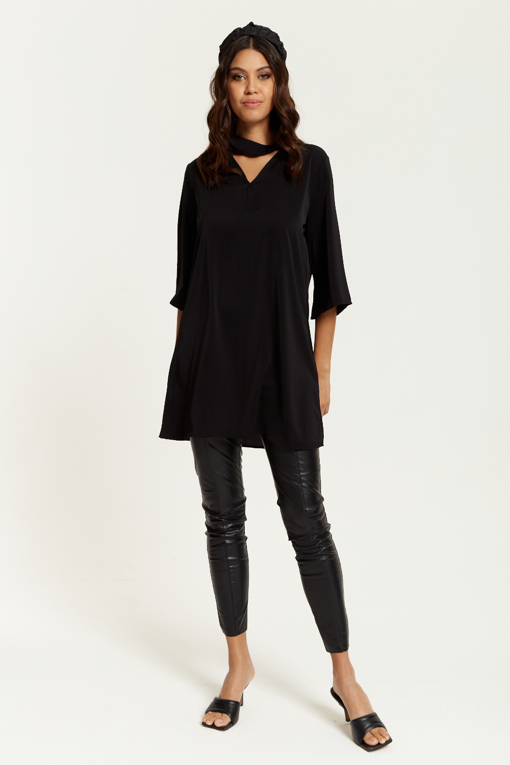 Oversized Detailed Neckline Tunic with 3/4 Sleeves in Black GLR FASHION NETWORKING