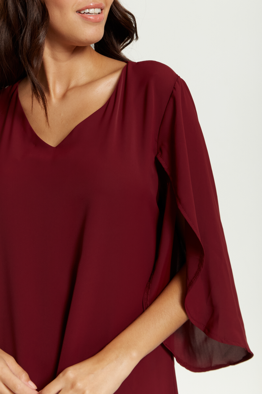 Oversized V Neck Tunic with Split Sleeves in Burgundy GLR FASHION NETWORKING