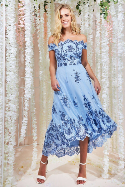 bardot blue sequin dress Bardot Sequin & Lace High Low Midi - Powderblue