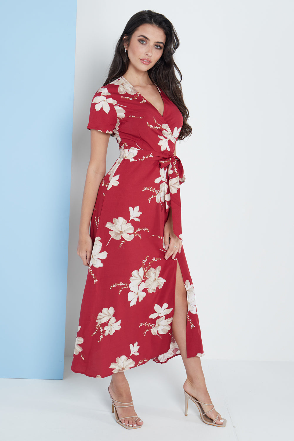 Wrap Front Maxi Dress In Red Floral Print LL5115RF