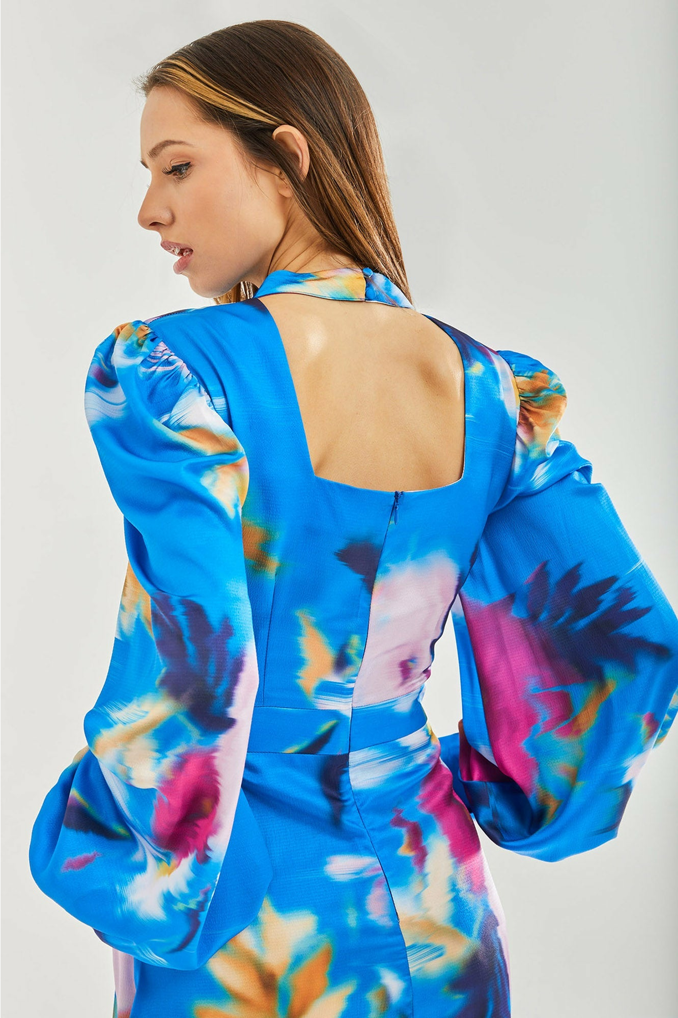 Blue Floral Satin Cut Out Back Midi Dress LIQ22-300