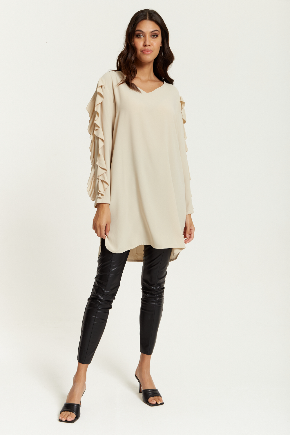 Oversized V Neck Ruffle Sleeves Tunic in Beige GLR FASHION NETWORKING