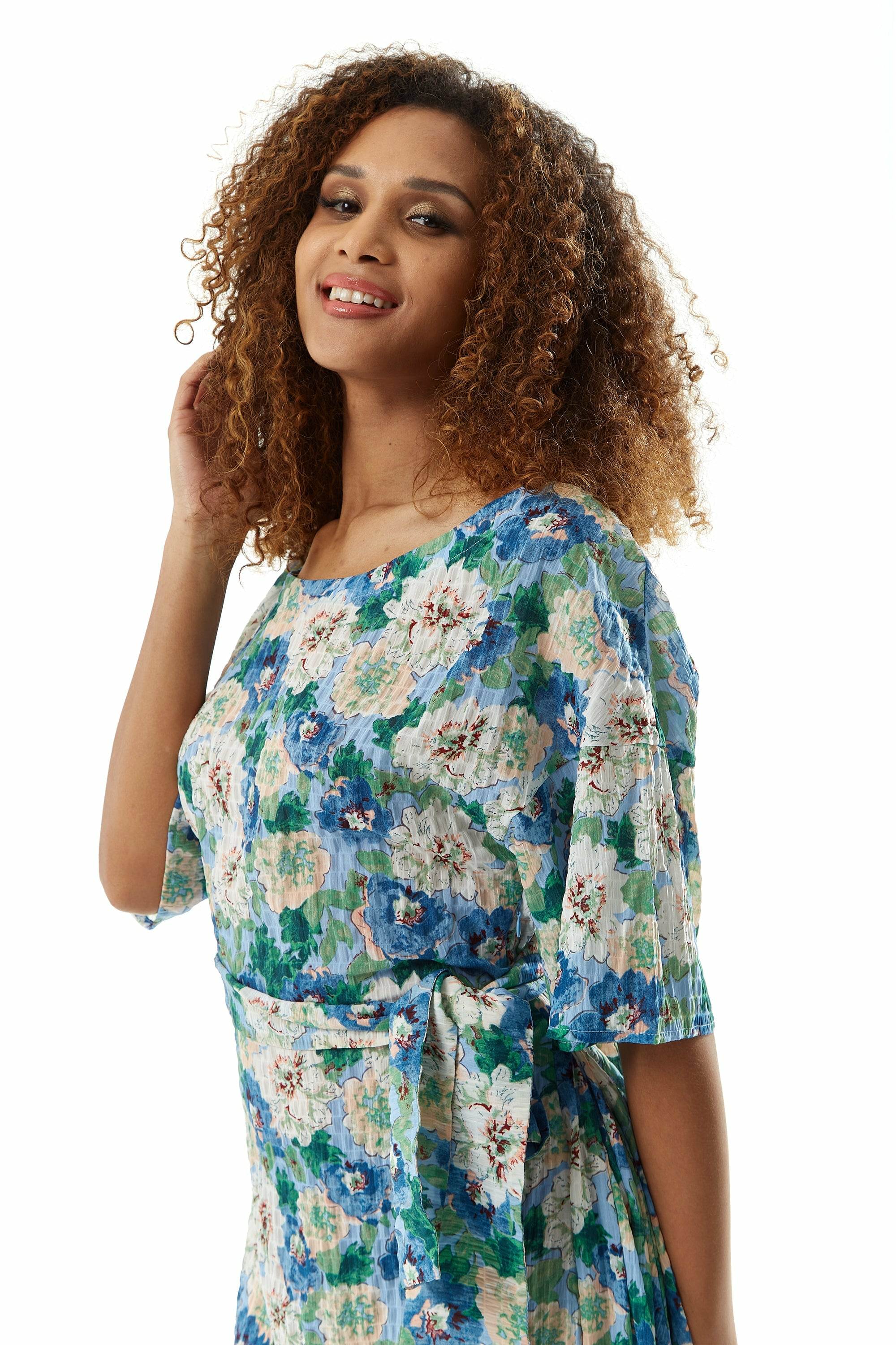 Liquorish Divine Grace Crinkle Floral Midi Dress In Blue LIQ22-391A-BLUE-8