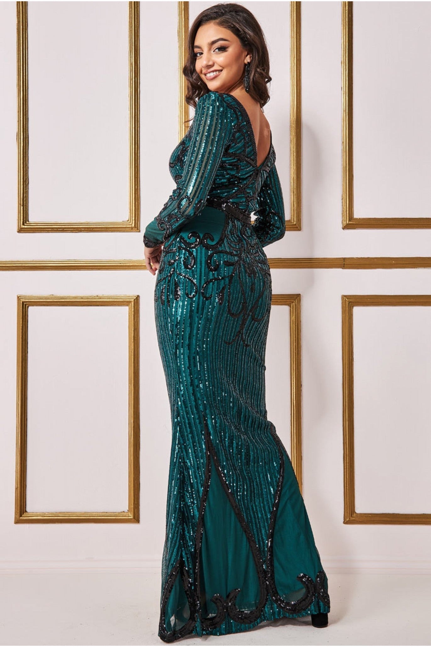 Sequin & Mesh Embroidered Maxi - Emerald DR3235