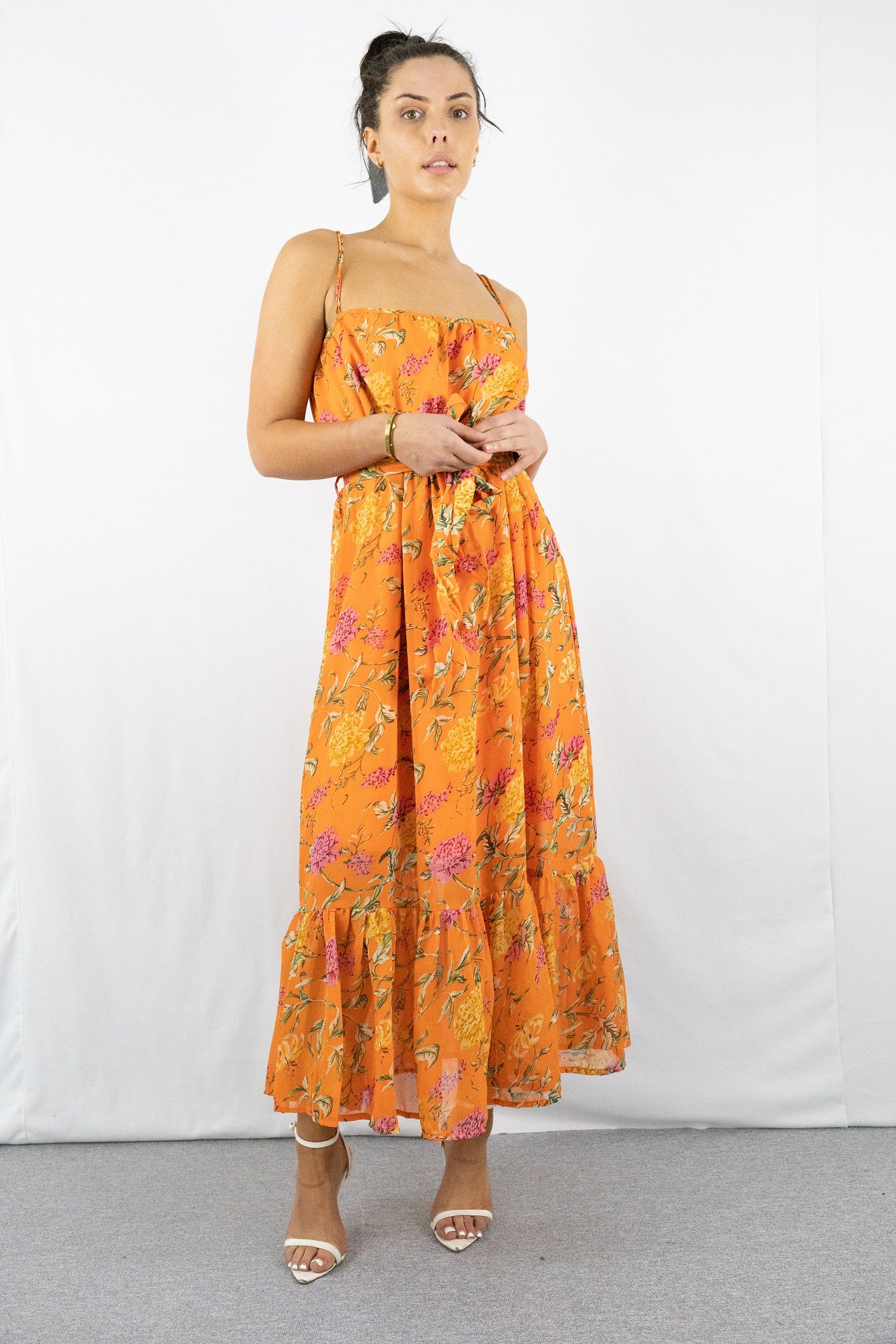 Orange Strappy Floral Tiered Maxi Dress With Tie Belt M6937Orange