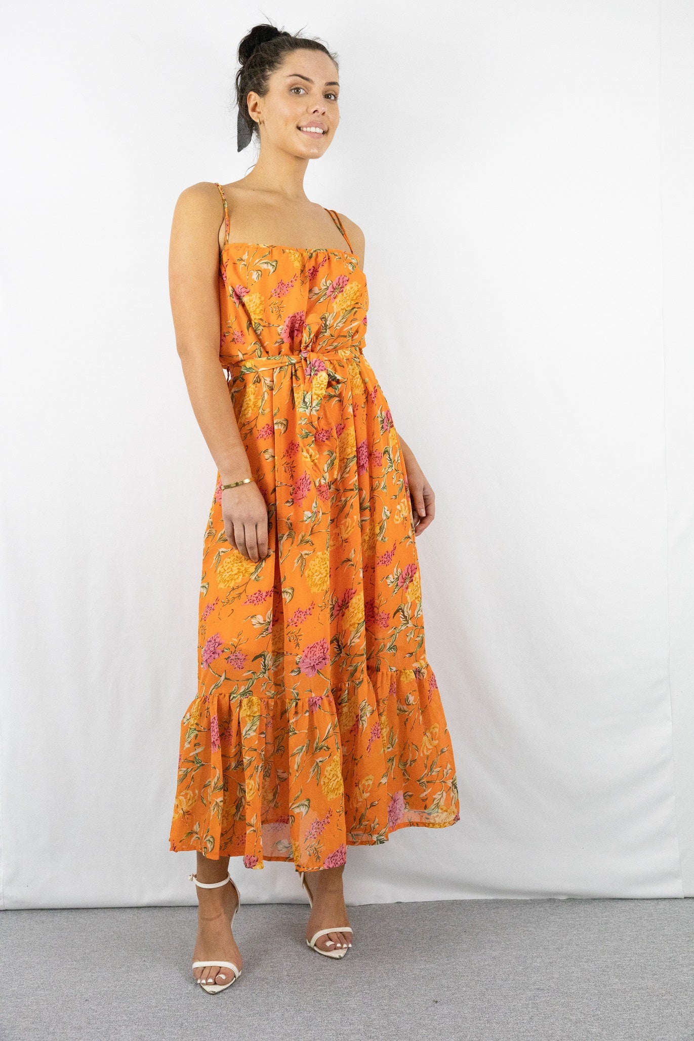 Orange Strappy Floral Tiered Maxi Dress With Tie Belt M6937Orange