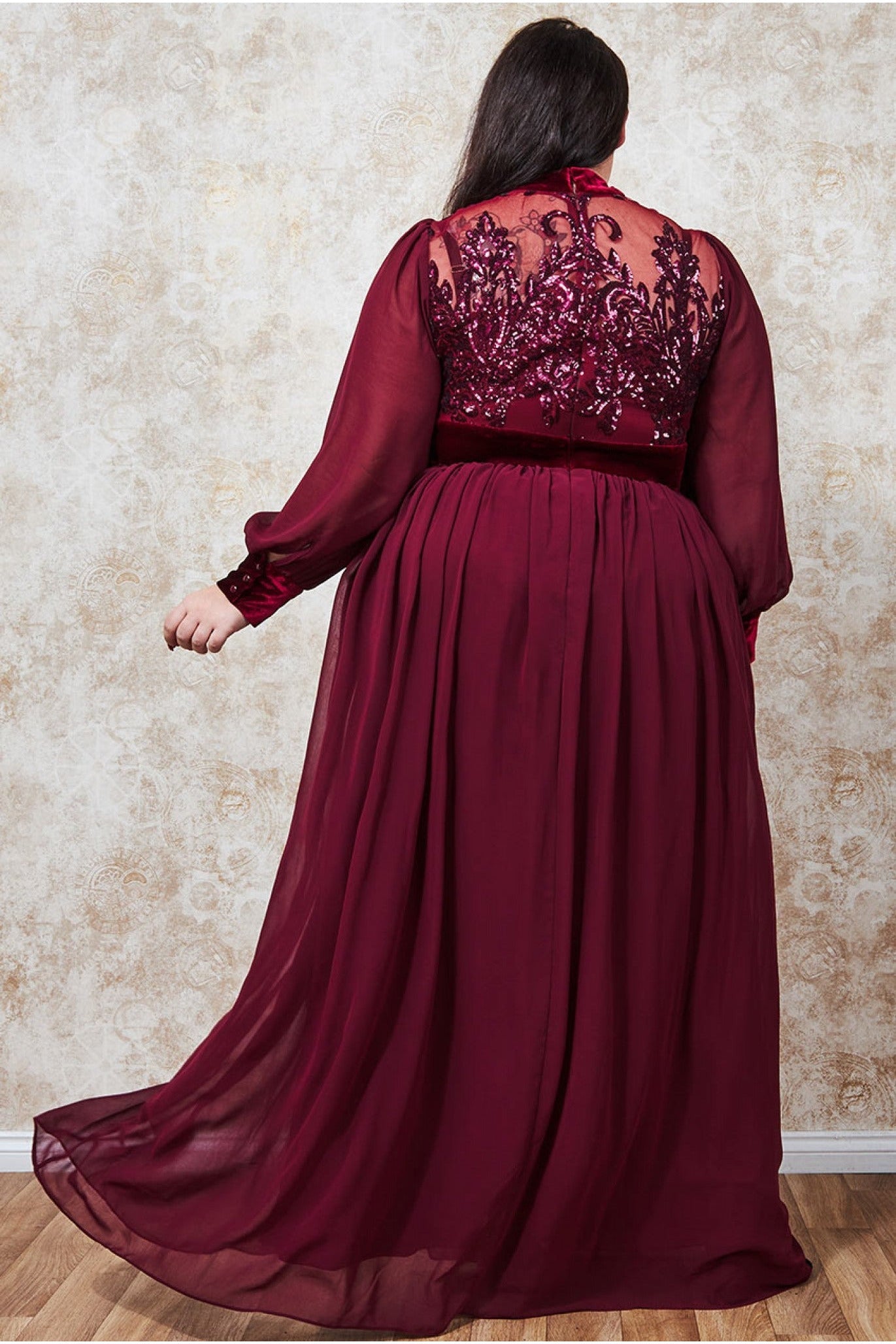 Plus Velvet Band Sequin Bodice Maxi - Wine DR3241P