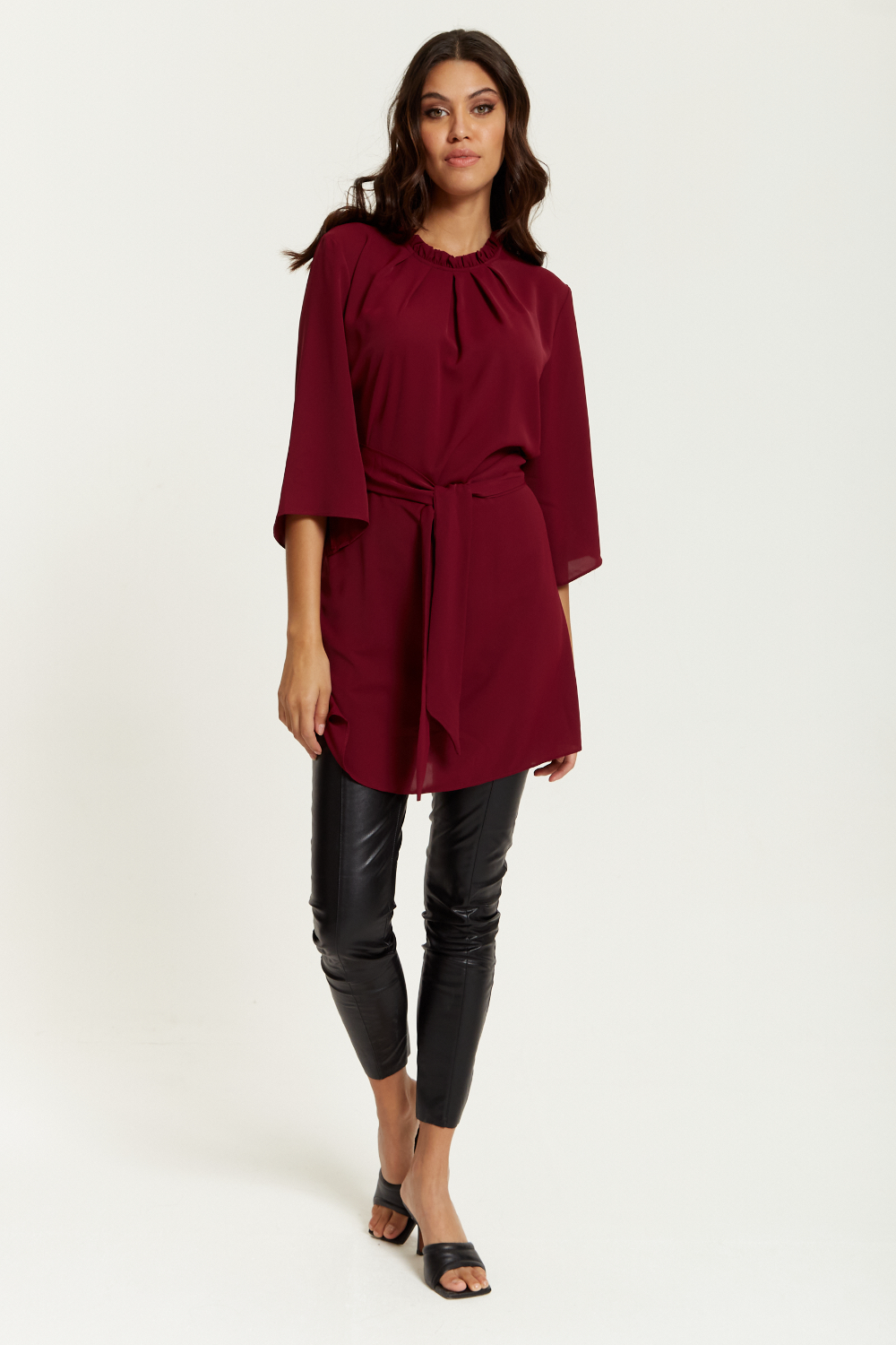 Tie Waisted Ruffle Neck Tunic with 3/4 Sleeves in Burgundy GLR FASHION NETWORKING
