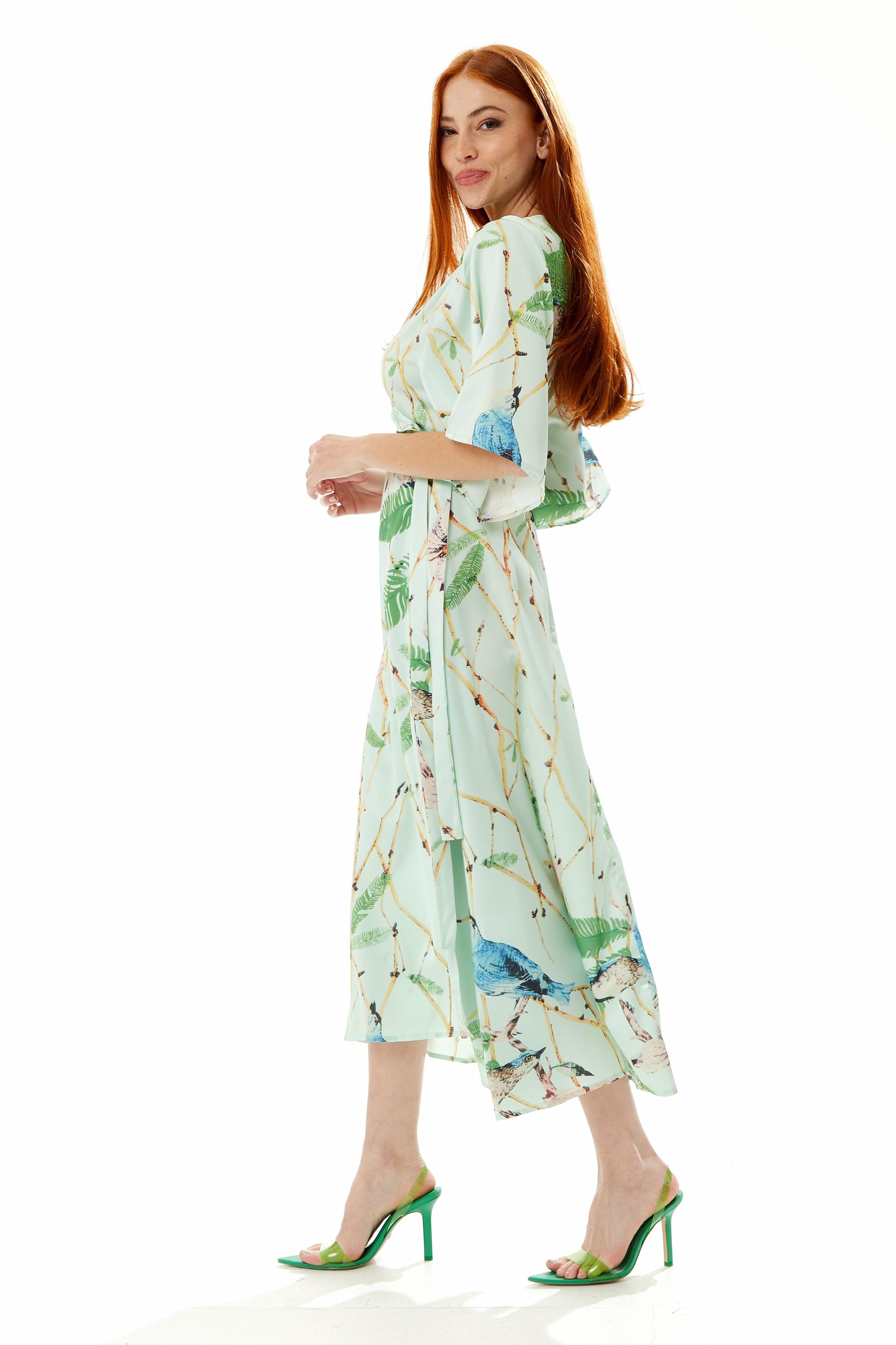 Bird Print Maxi Wrap Dress In Mint Green B1-56-LIQ22SS053