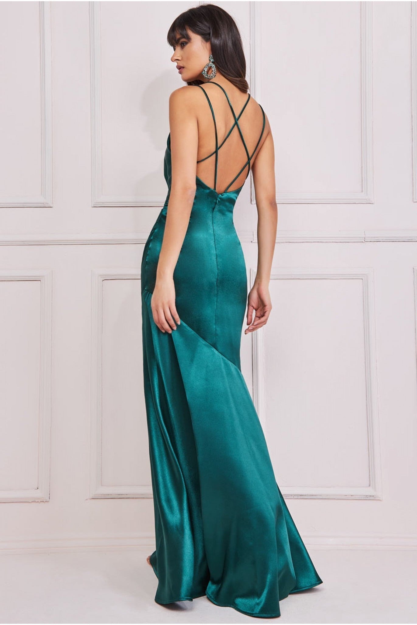 Cowl Neck With Strappy Back Satin Maxi - Emerald DR2113