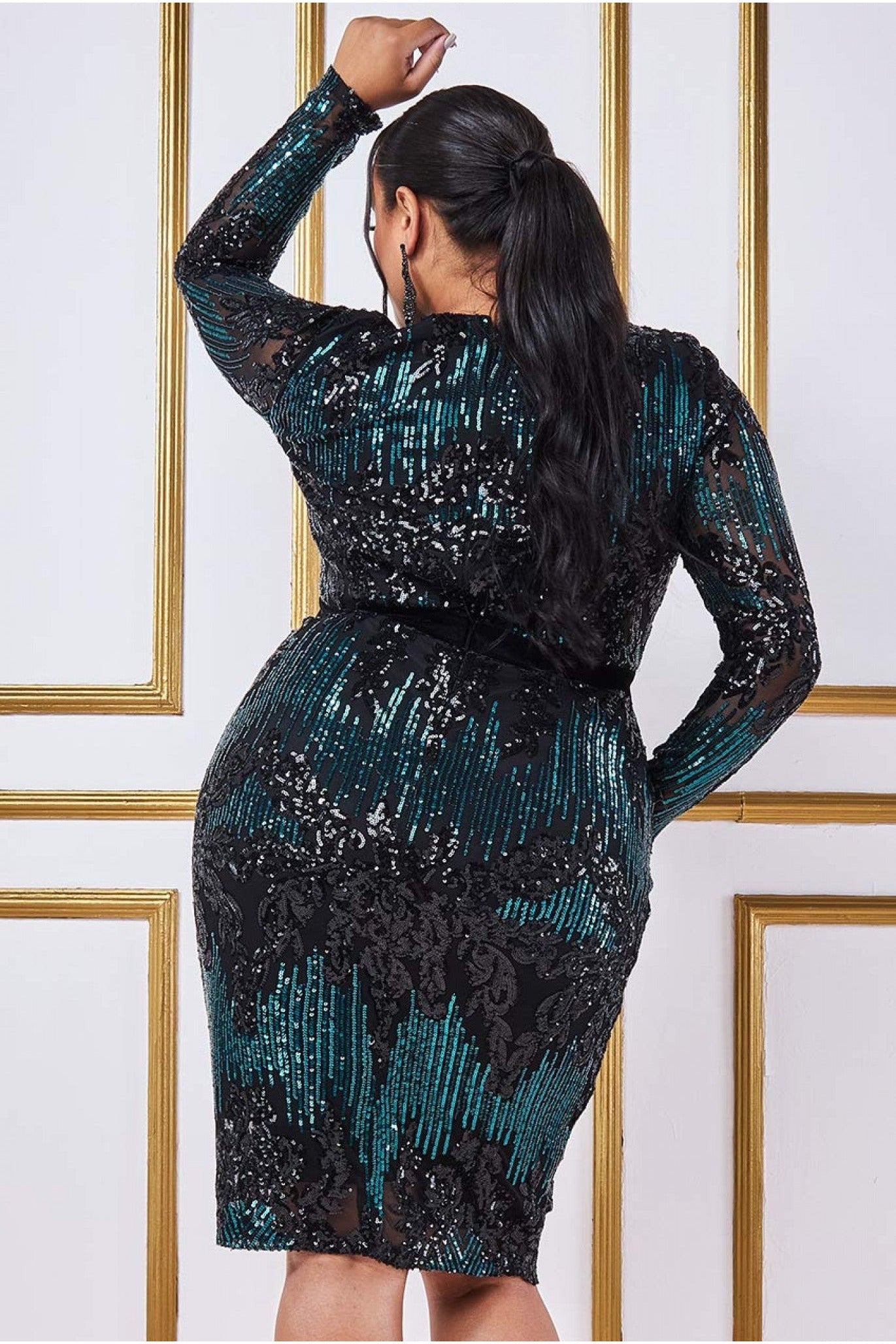 Long Sleeve Sequin Party Midi - Emerald DR3038P
