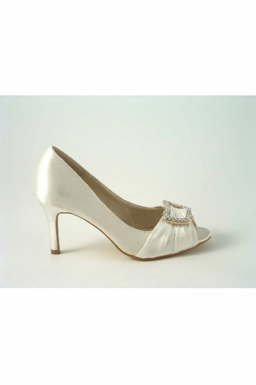 Diamante Ivory Satin Mid Heel Peep Toe Shoe SabatineCH358