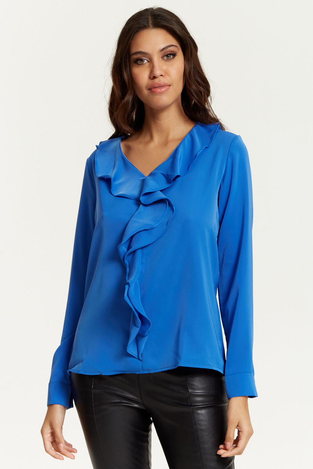 Oversized Top with Frilled Front in Blue HOXTON GAL