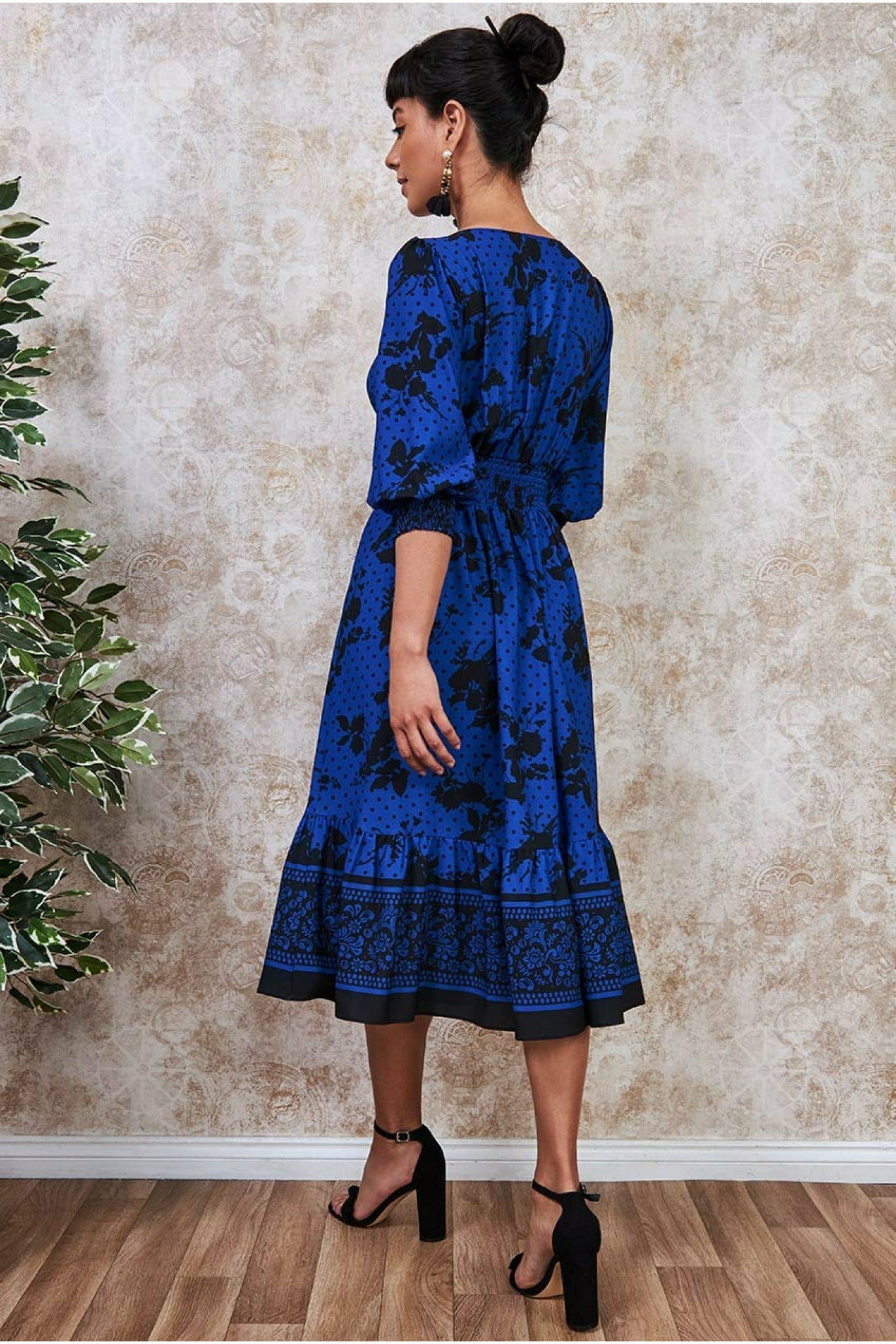 Floral Print Puff Sleeve Midi Dress - Royalblue DR3281