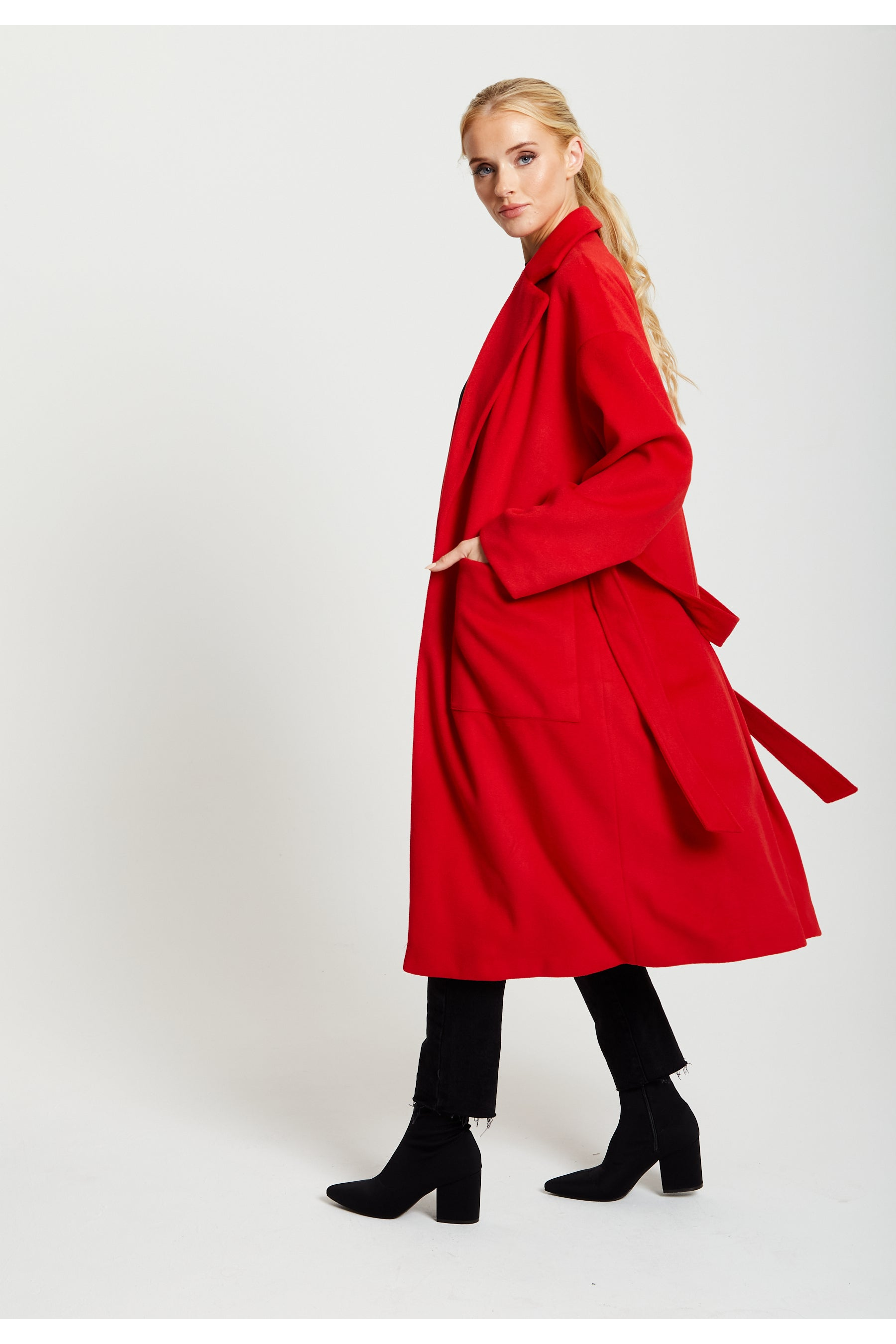 Belted Longline Coat In Red F10-132-CT1803