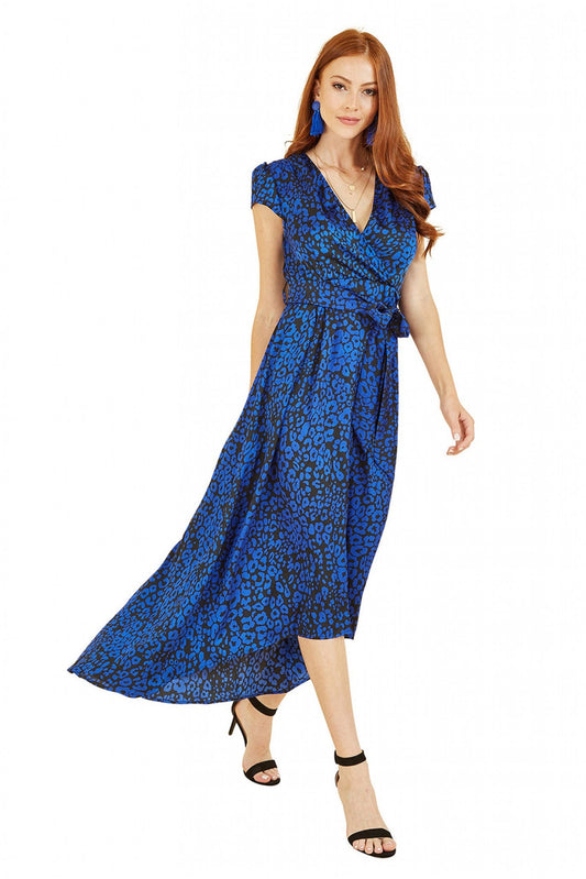 Blue Animal Print Dip Hem Midi Wrap Dress ML7400003