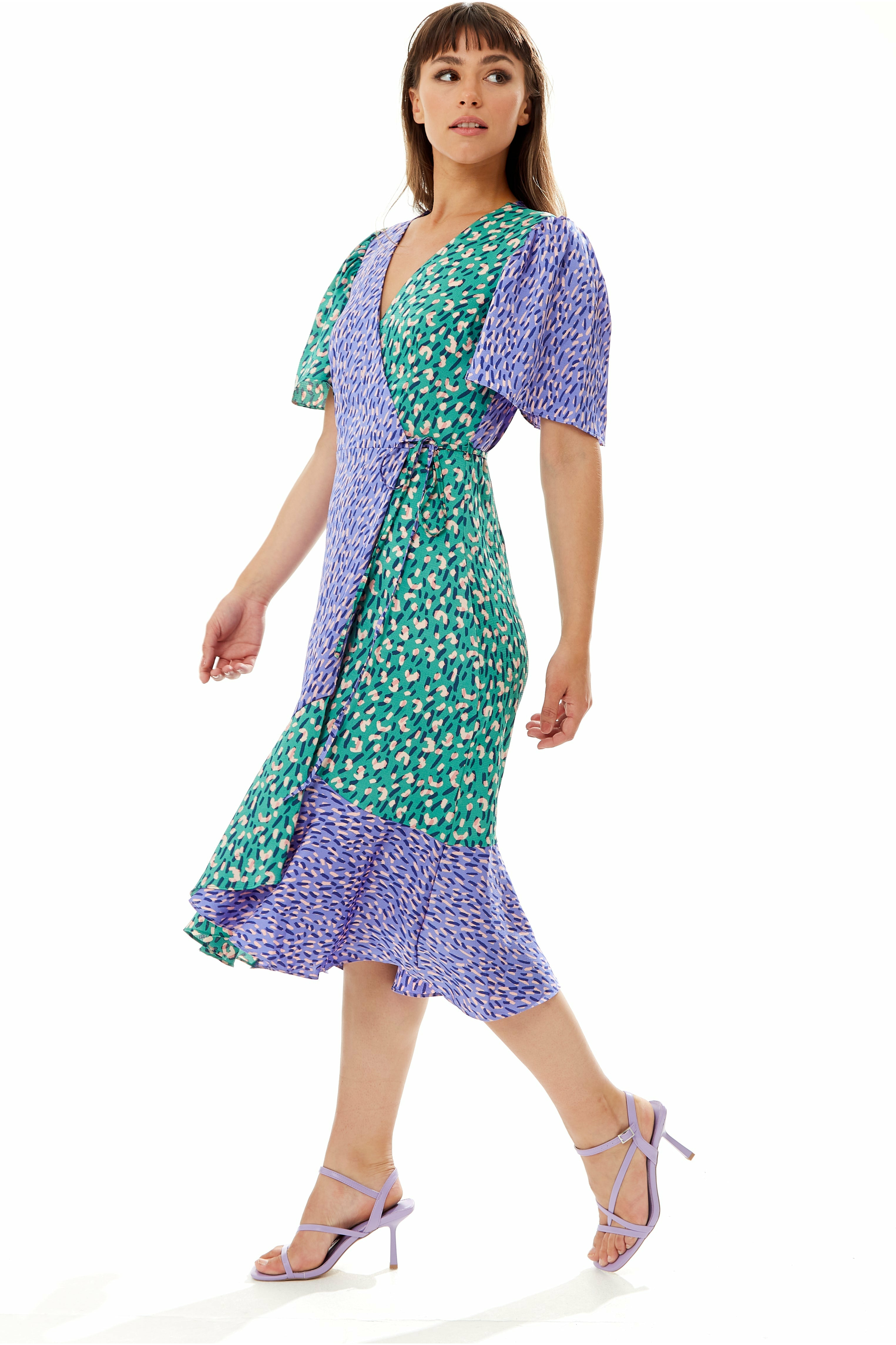 Multi Print Midi Wrap Dress In Contrast Colours B7-118-LIQ22-420A