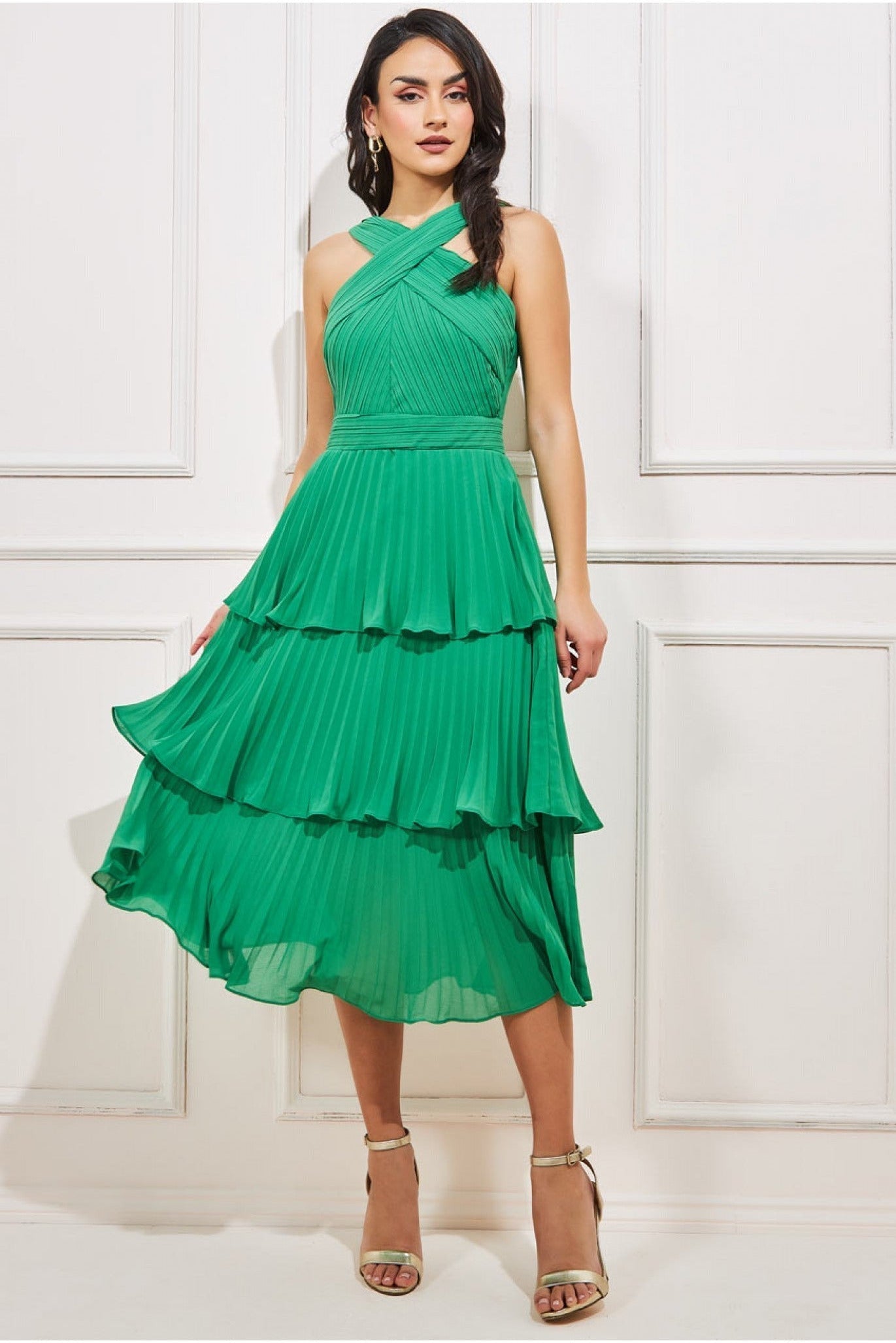 Pleated Bodice Chiffon Tiered Midi - Green DR3800