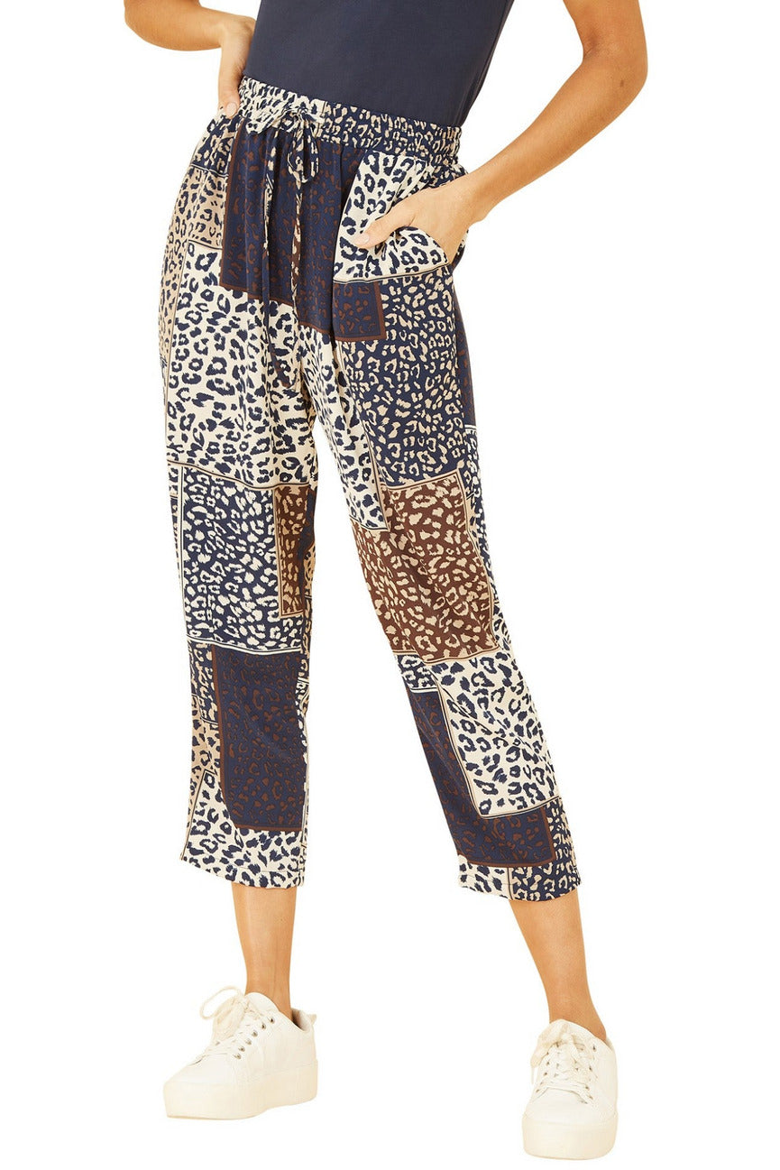 Navy Patchwork Animal Print Cropped Trouser Yumi