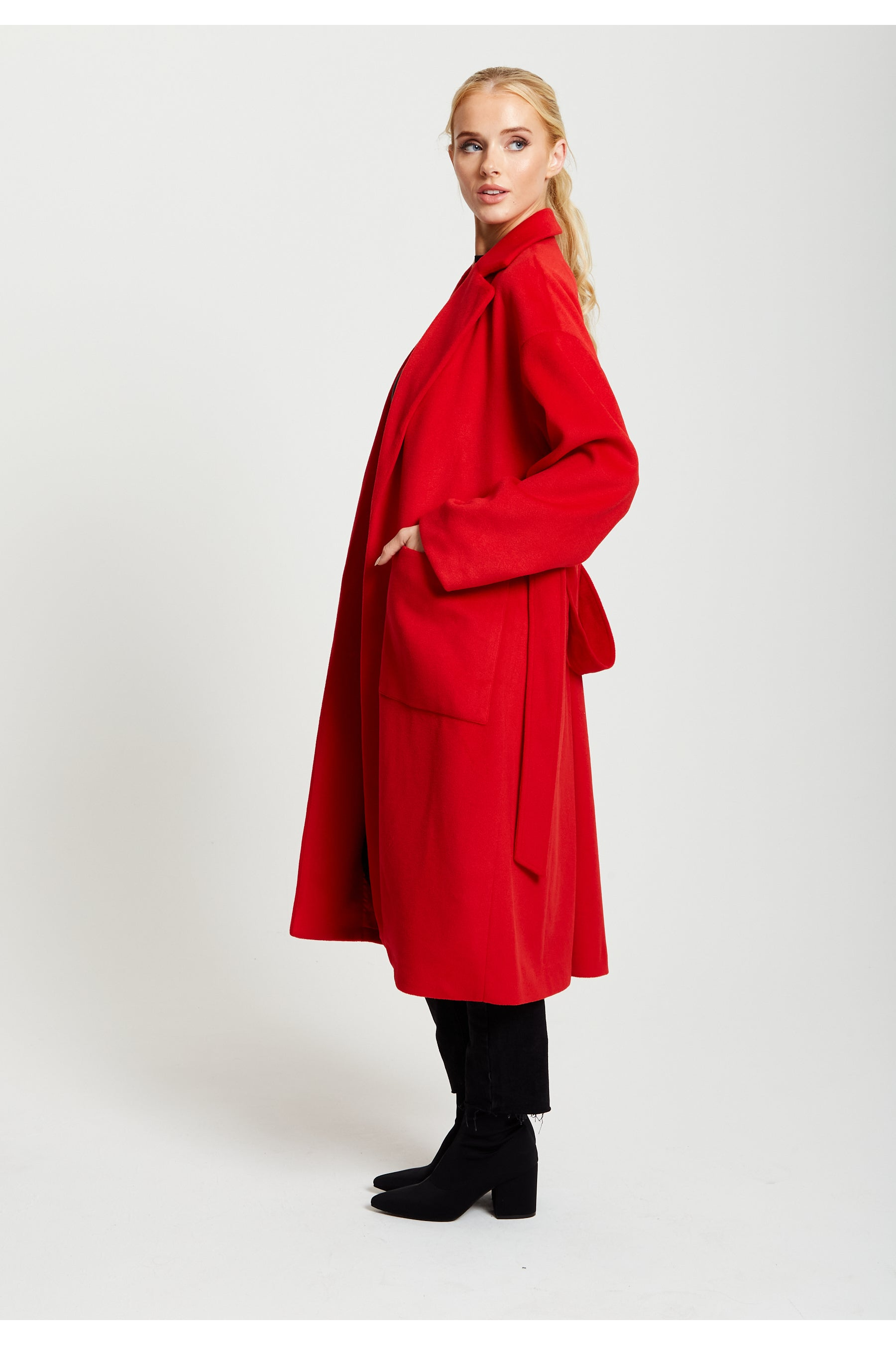 Belted Longline Coat In Red F10-132-CT1803