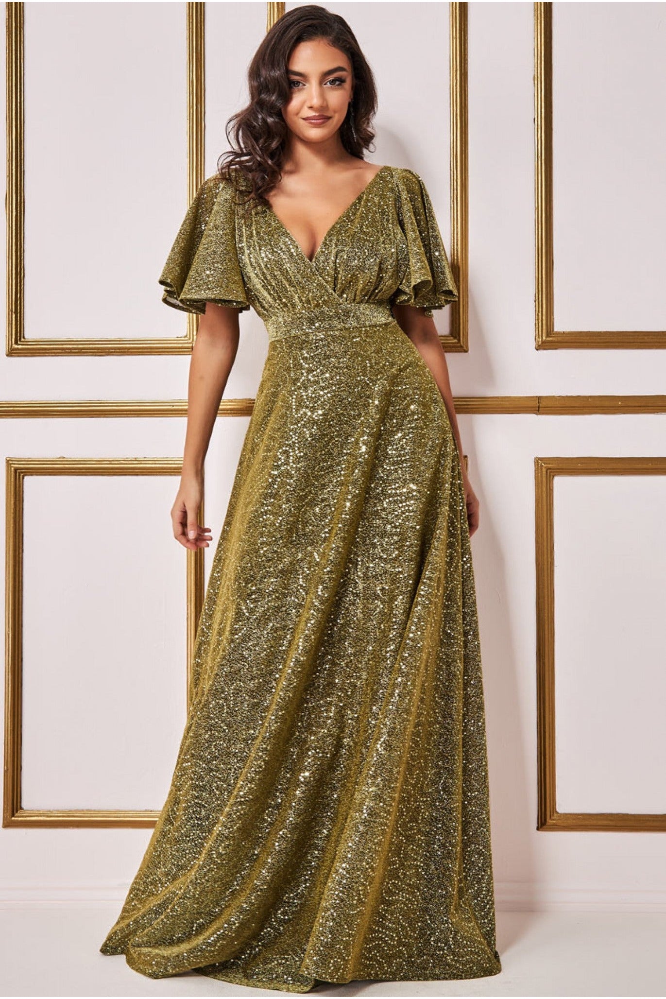 Sequin Lurex Flutter Sleeve Maxi Dress - Gold DR3680