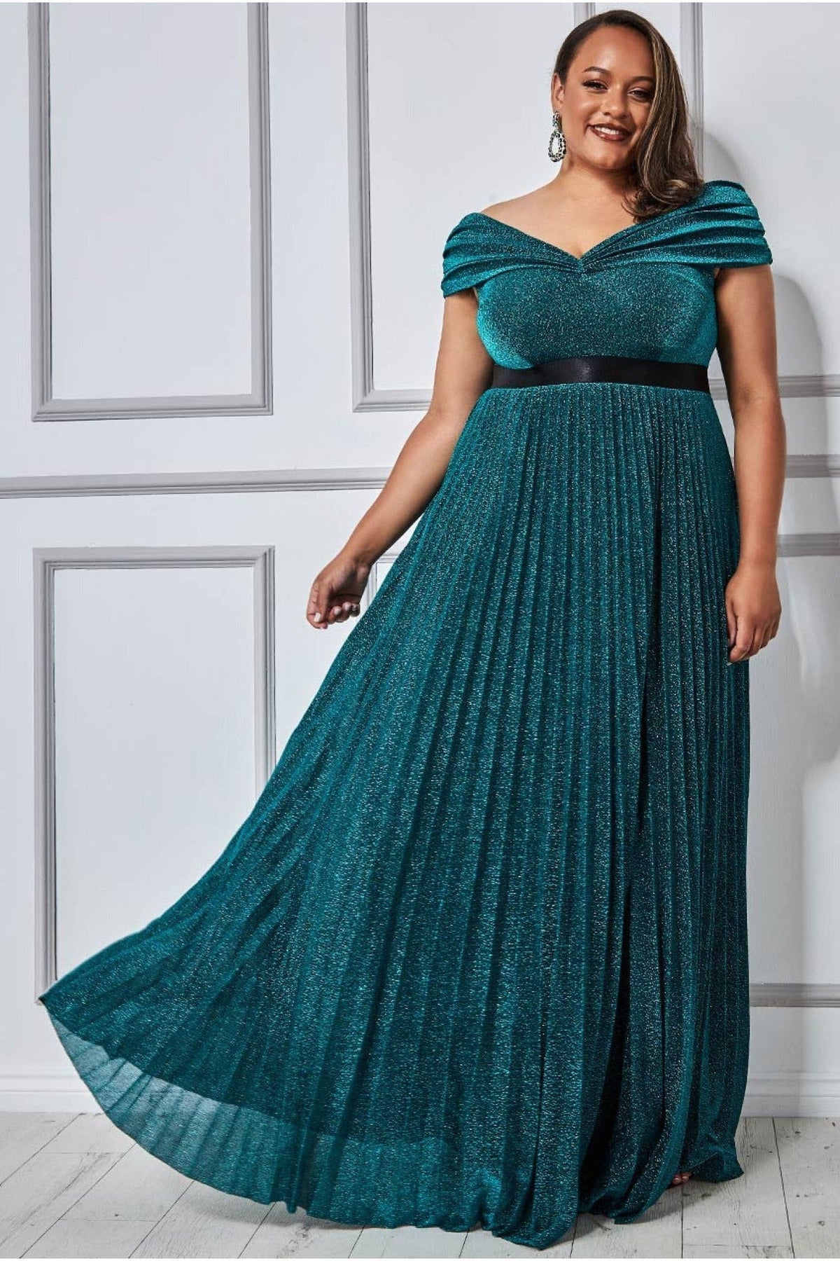 Goddiva Plus Bardot Pleated Skirt Maxi Dress - Emerald Green - Emerald / 20