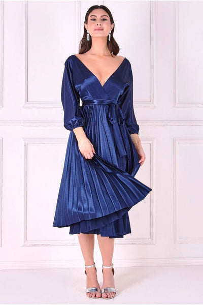 Navy - Satin Pleated Skirt Wrap Midi Dress - Navy by Goddiva