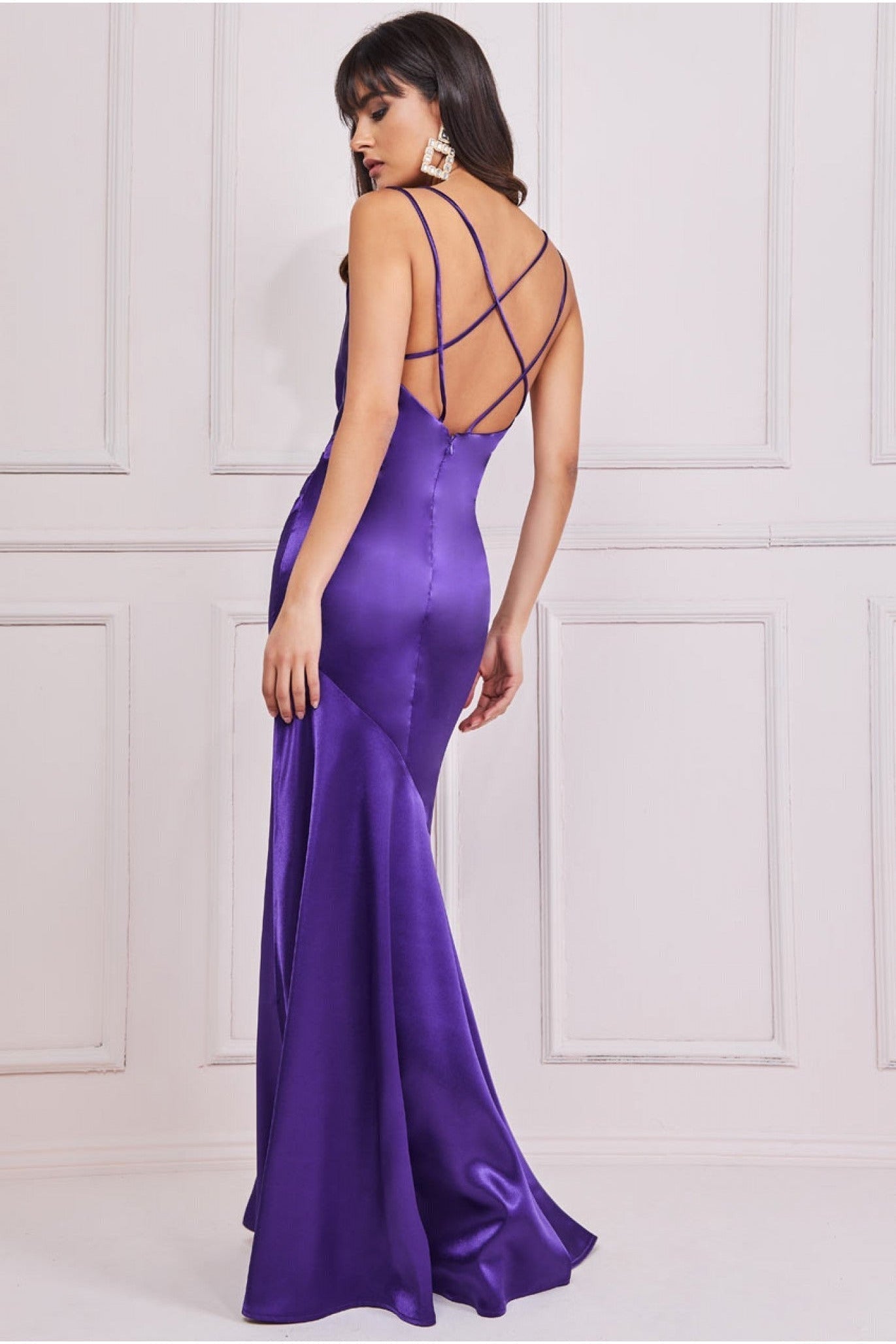 Cowl Neck With Strappy Back Satin Maxi - Purple DR2113