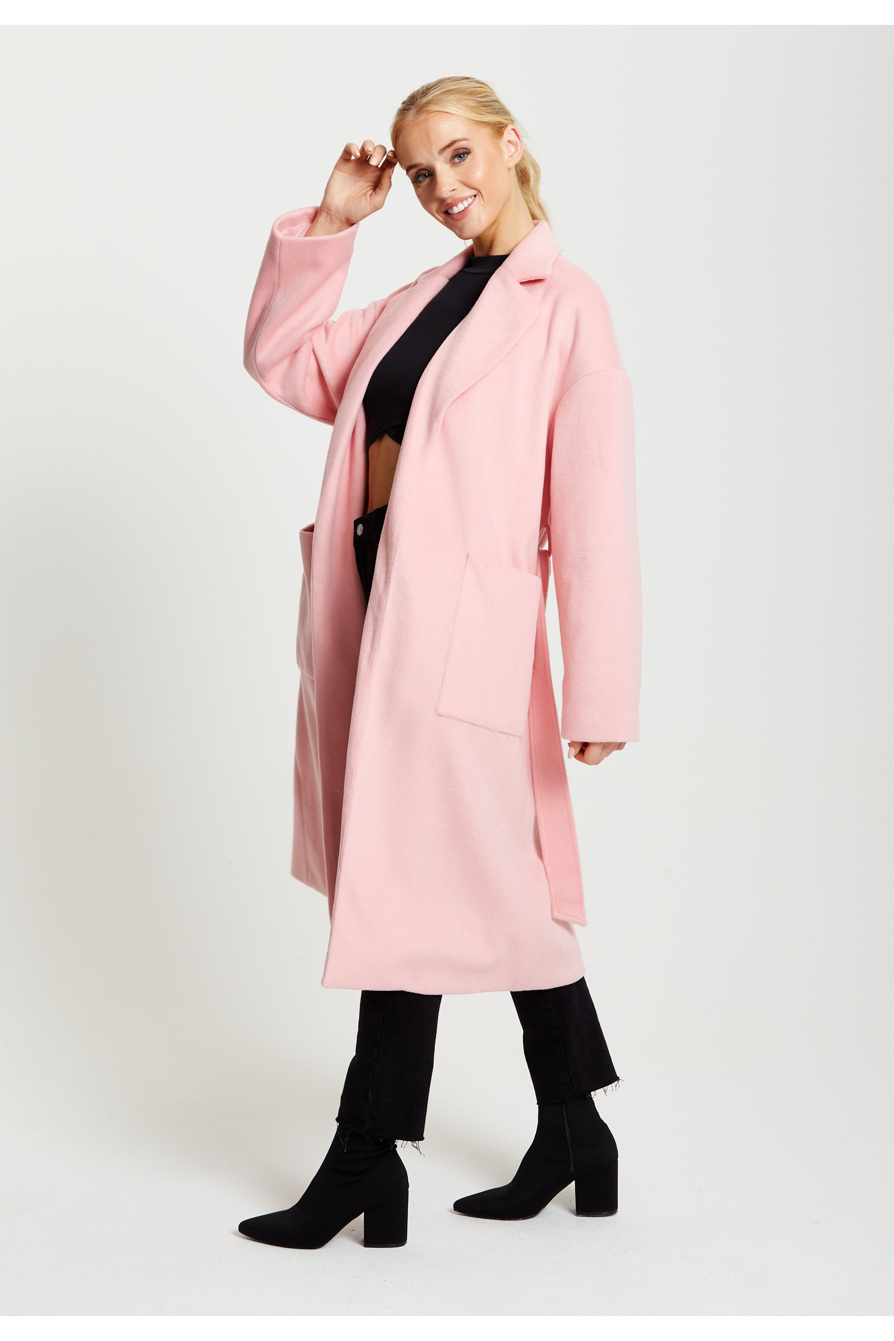 Belted Longline Coat In Pink F10-134-CT1803